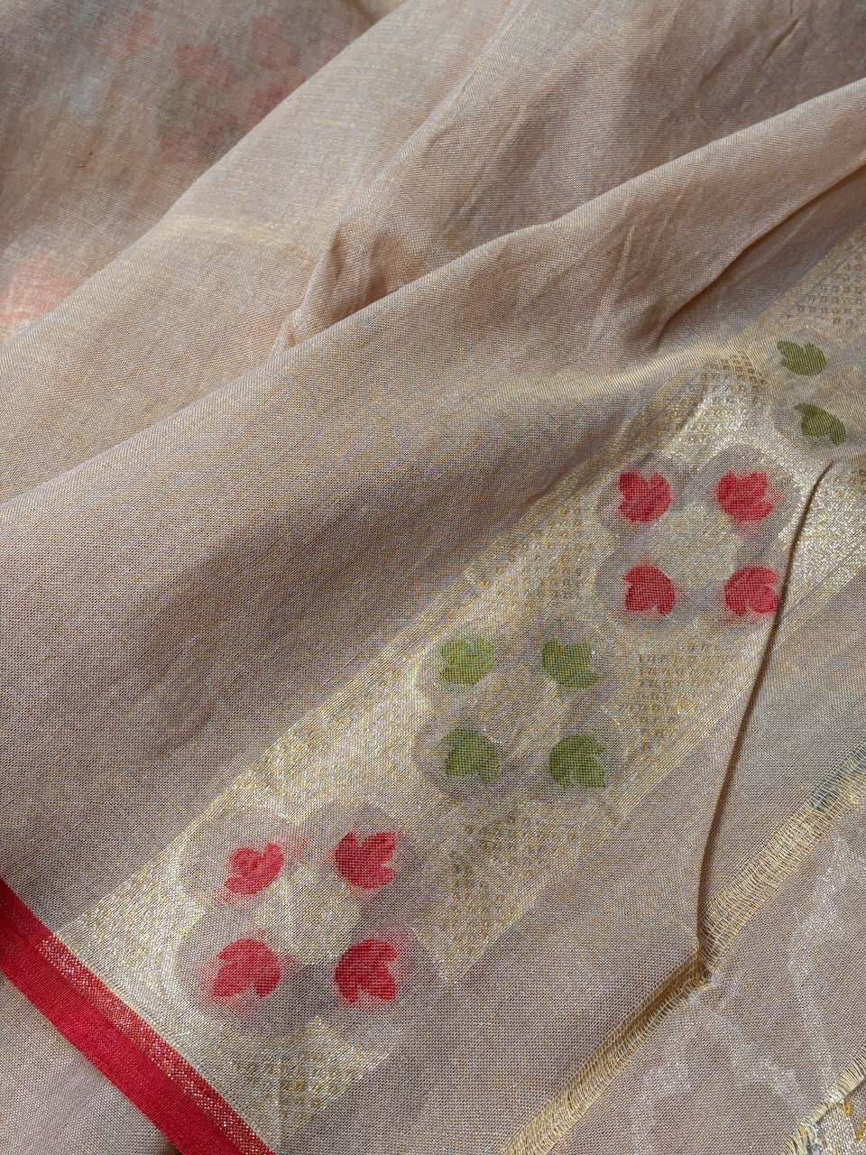 Beige Gold Banarasi cotton Jamdani handloom Saree
