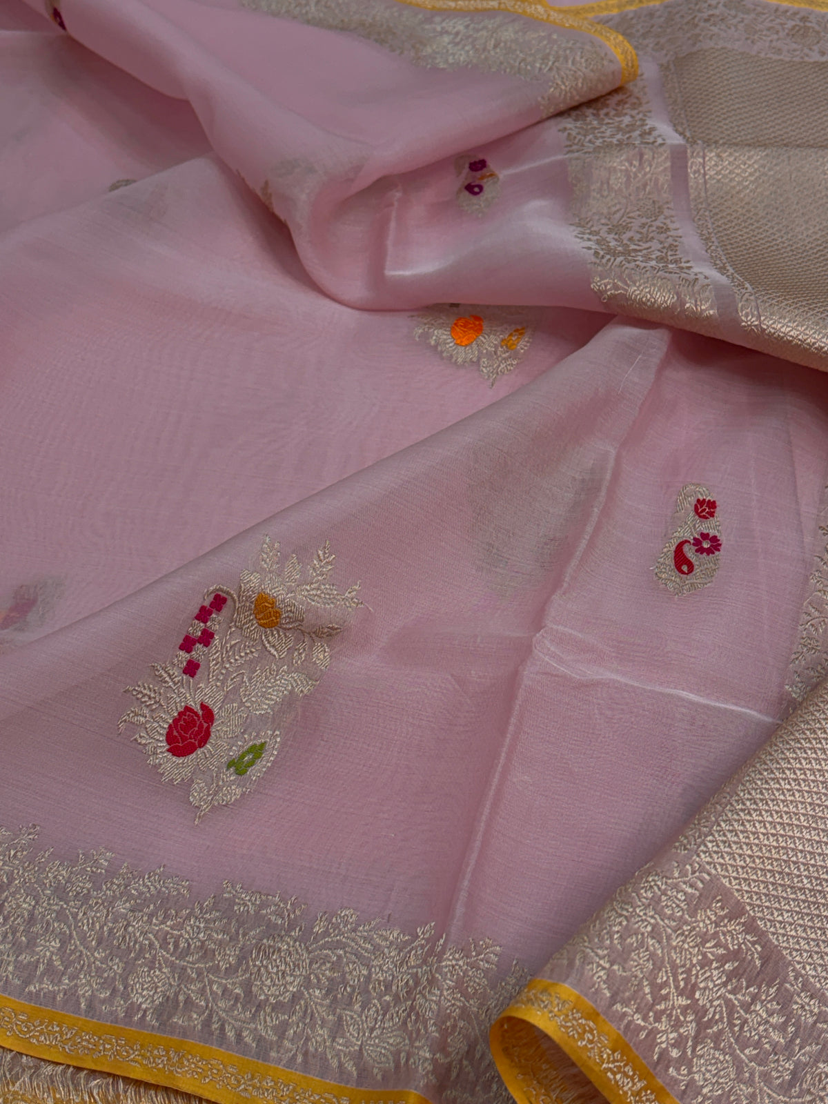 Baby pink handwoven pure Kora Banarasi saree with Kulfi Minakari weaving