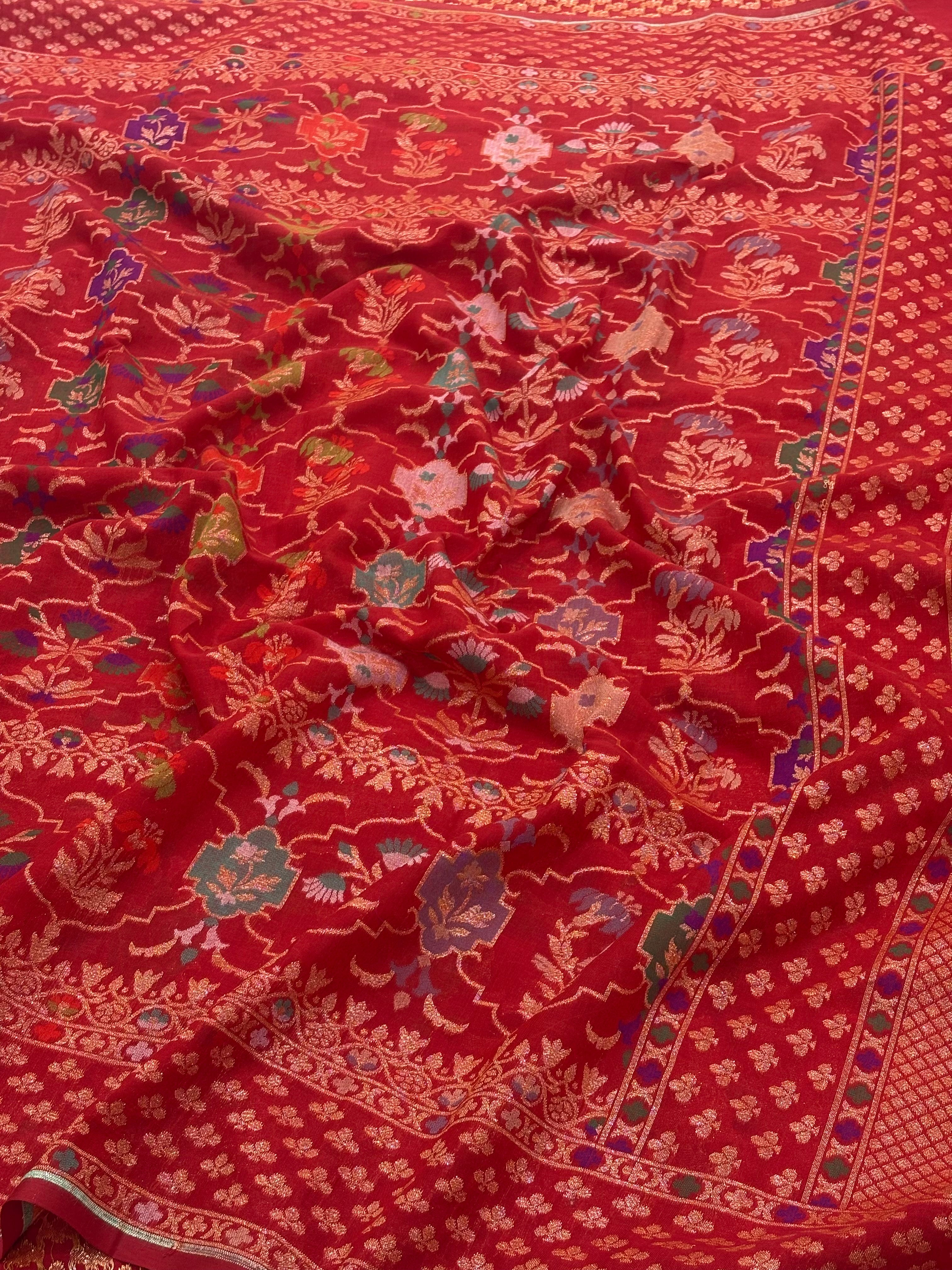 Red Banarasi cotton Jamdani handloom Saree