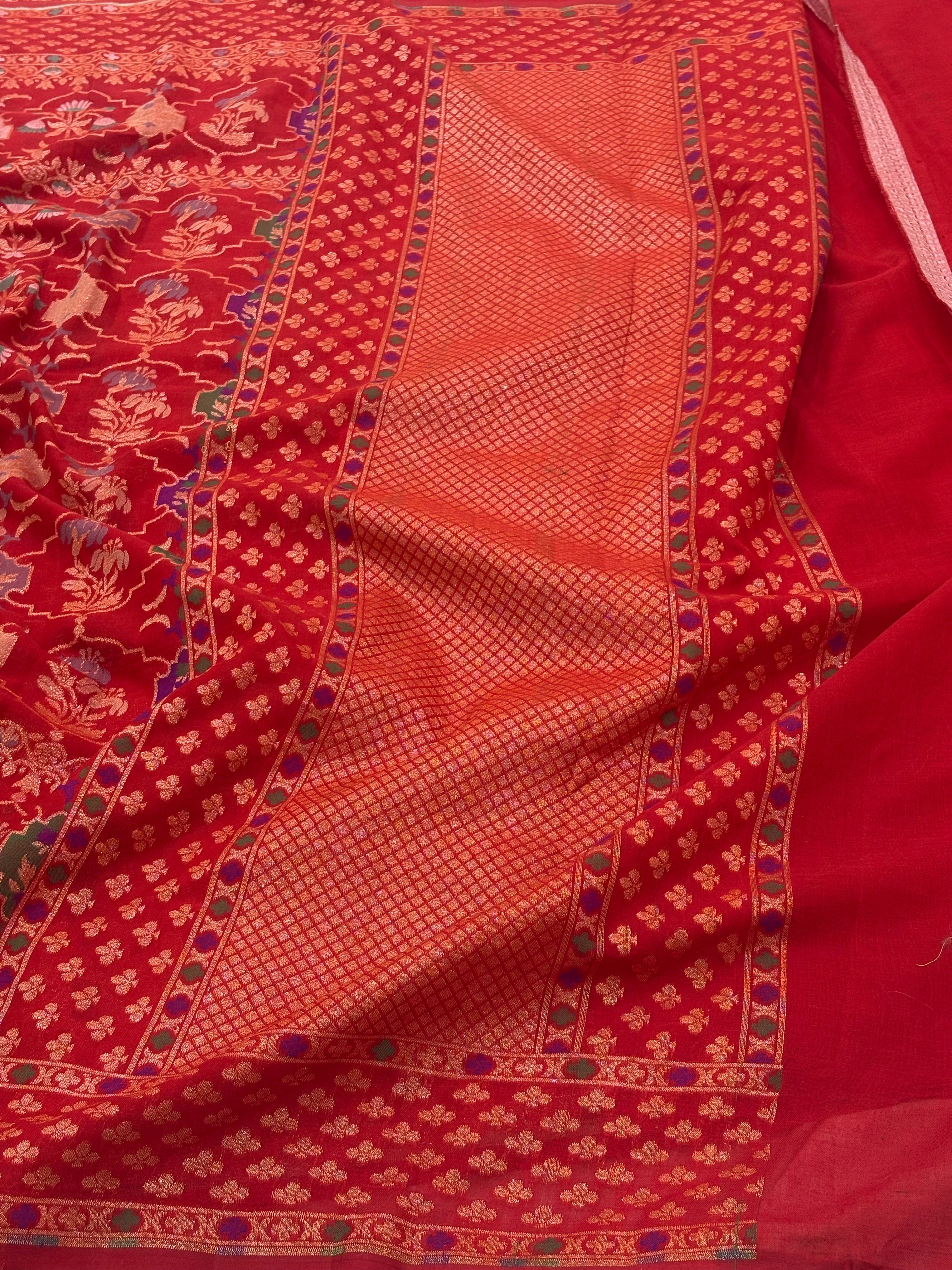 Red Banarasi cotton Jamdani handloom Saree