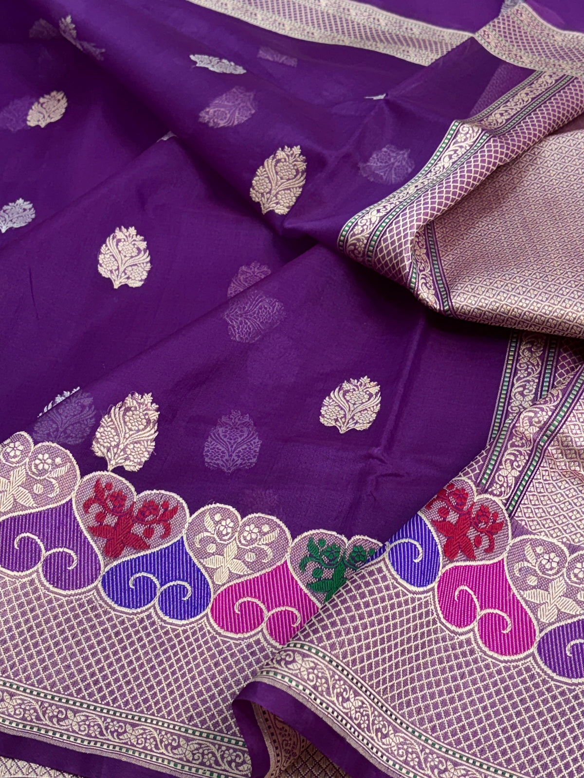 Purple Kora Banarasi Saree with Multicolor Minakari Border