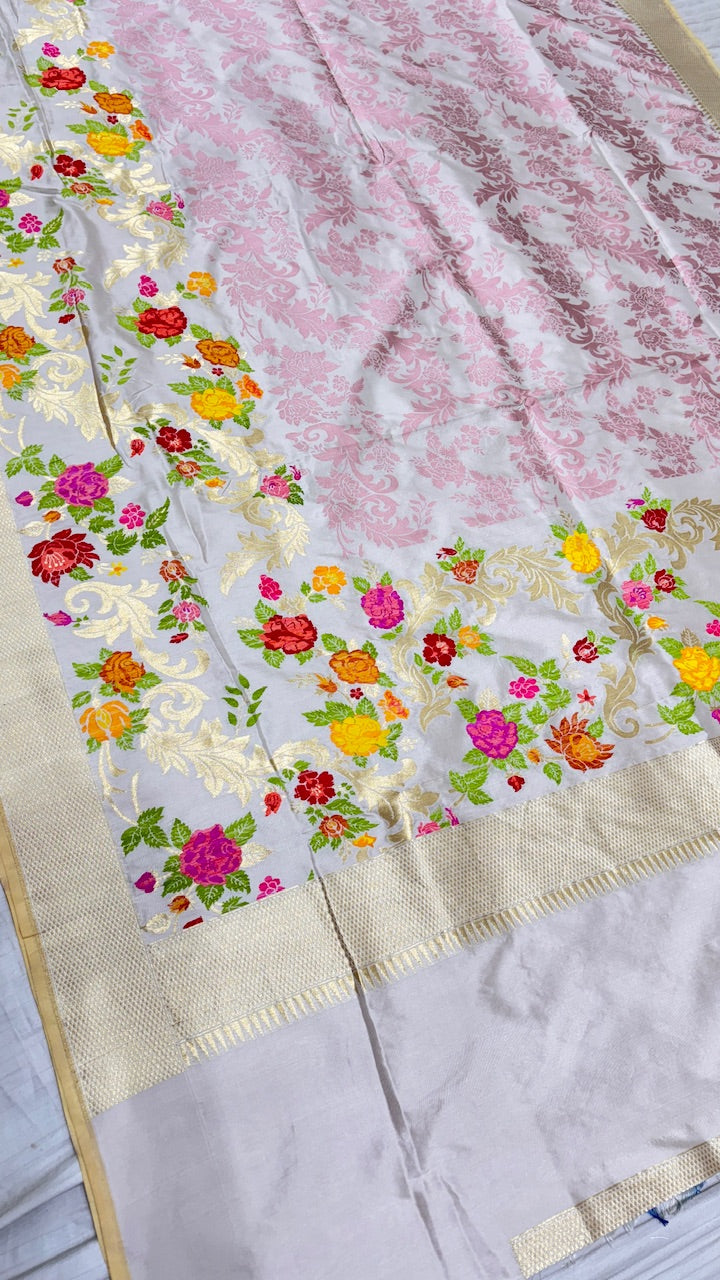Off White Pure Banarasi Katan Silk Saree