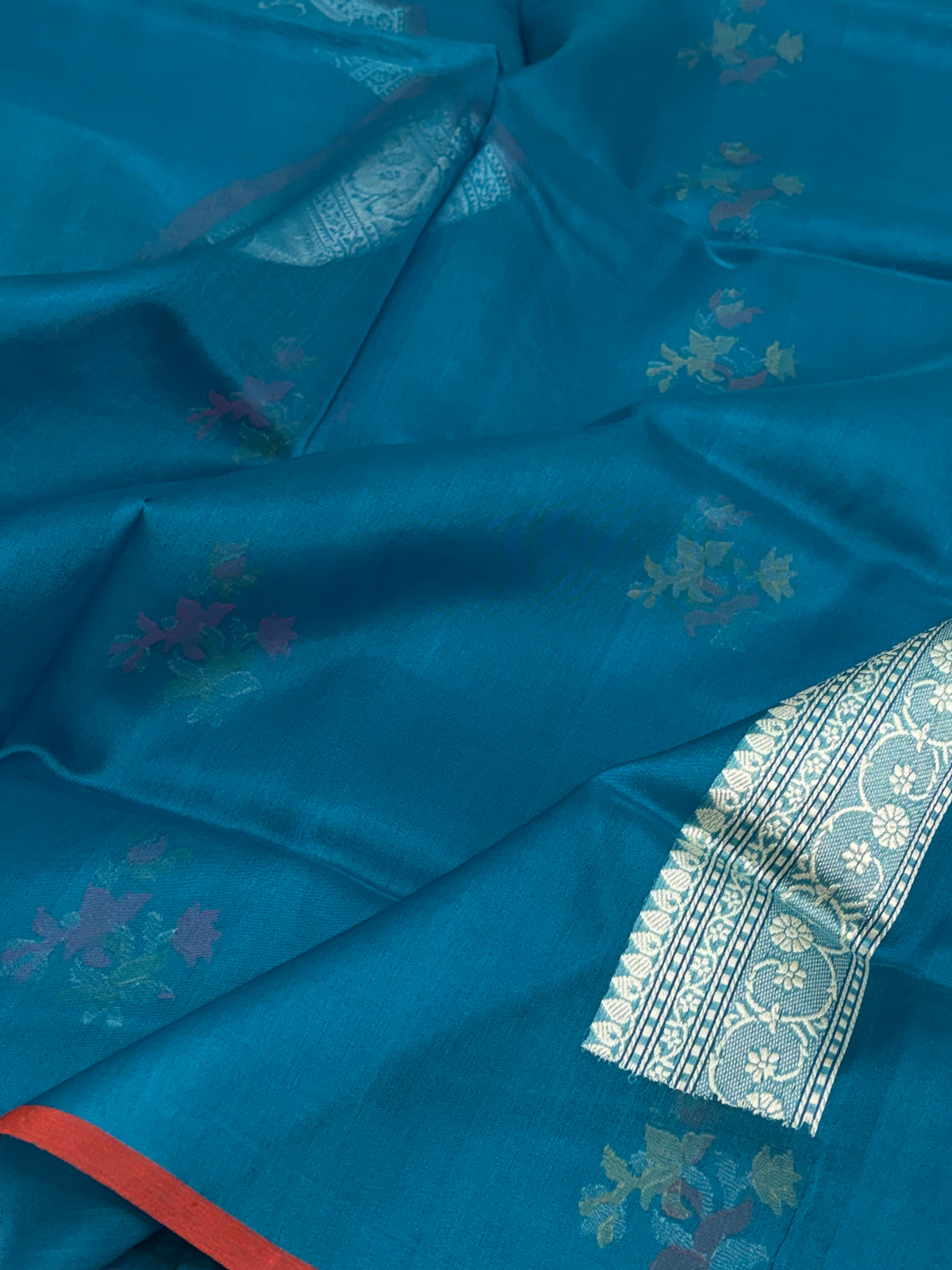 Petrol Blue Pure Kora Banarasi Jamdani Saree with Tilfi boota weaving