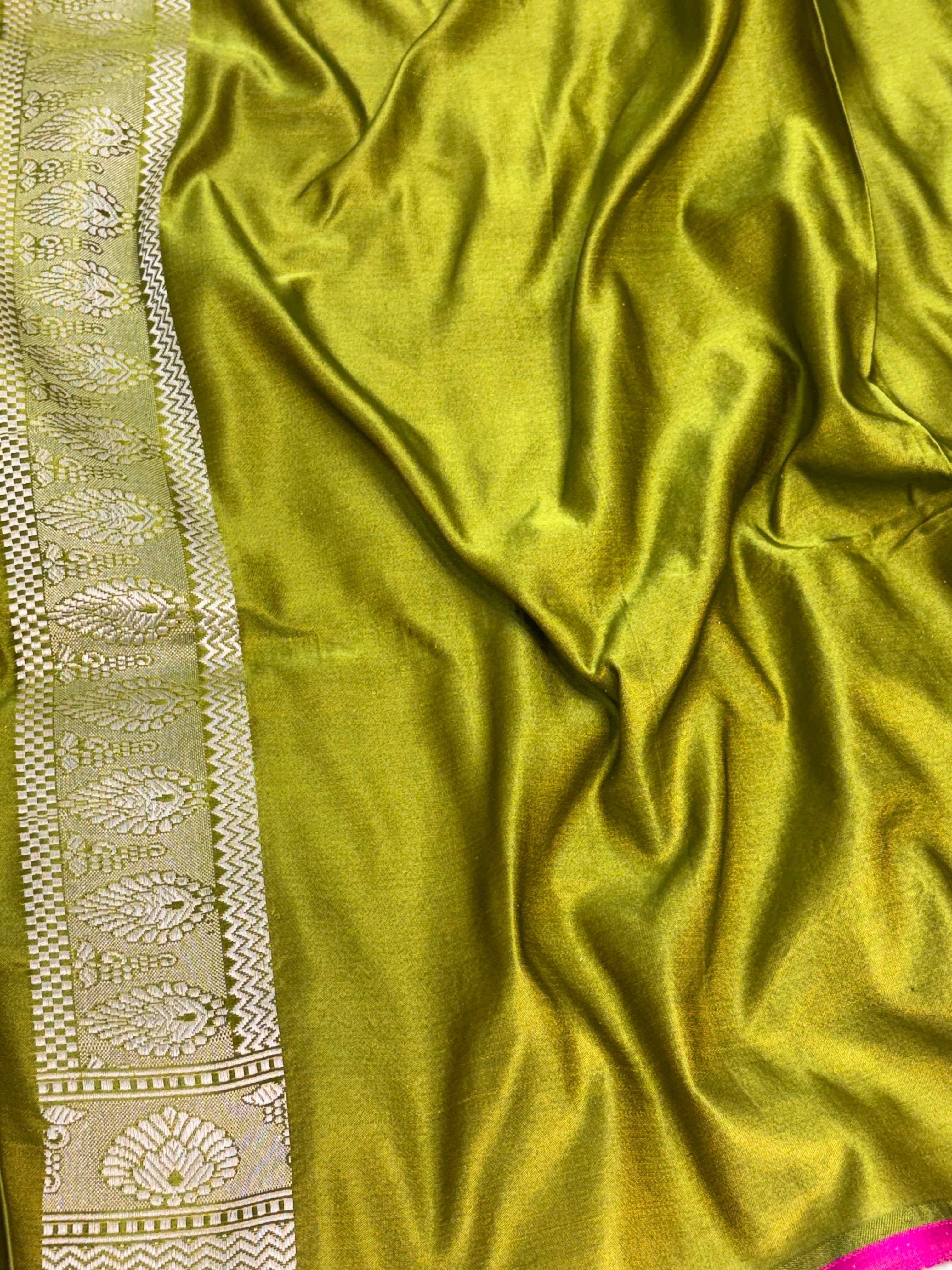 Pure Parrot Green Satin Silk Handwoven Saree