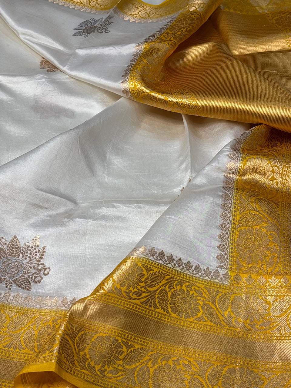 Ivory Mango Katan Banarasi Silk Handwoven Saree