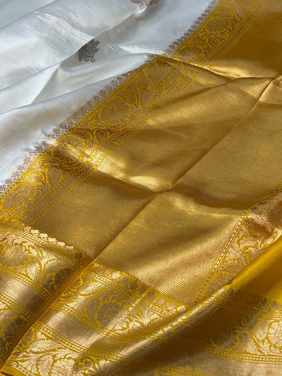 Ivory Mango Katan Banarasi Silk Handwoven Saree