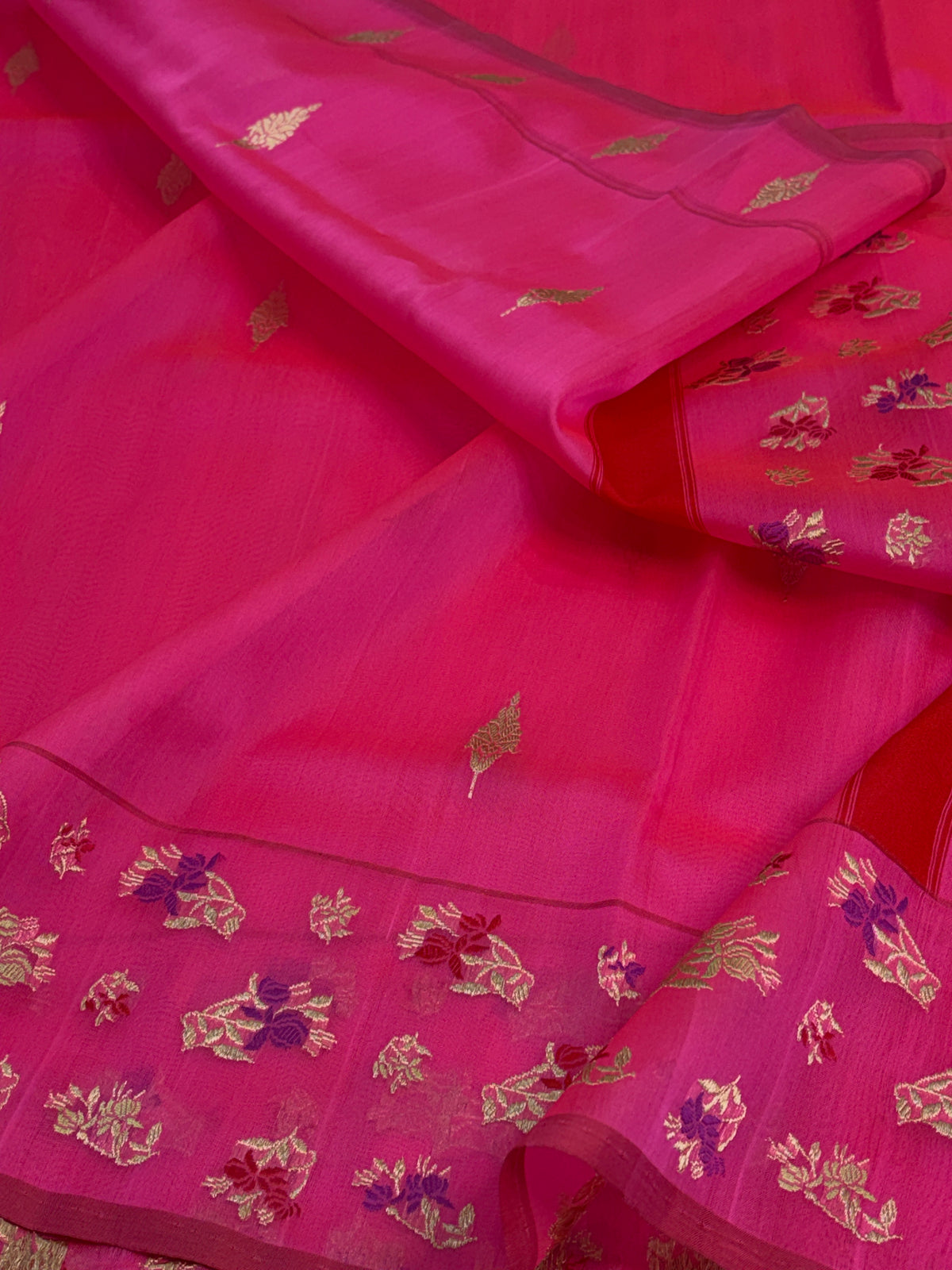 Hot Pink Pure Kora Banarasi Saree with Minakari Butti Border