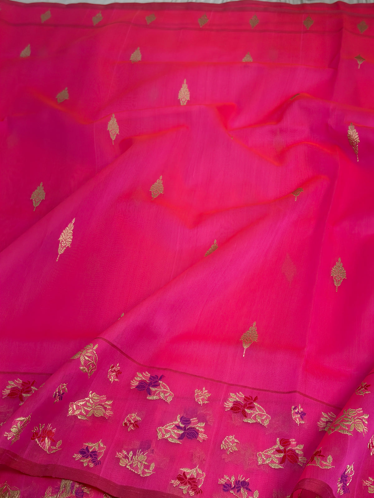 Hot Pink Pure Kora Banarasi Saree with Minakari Butti Border