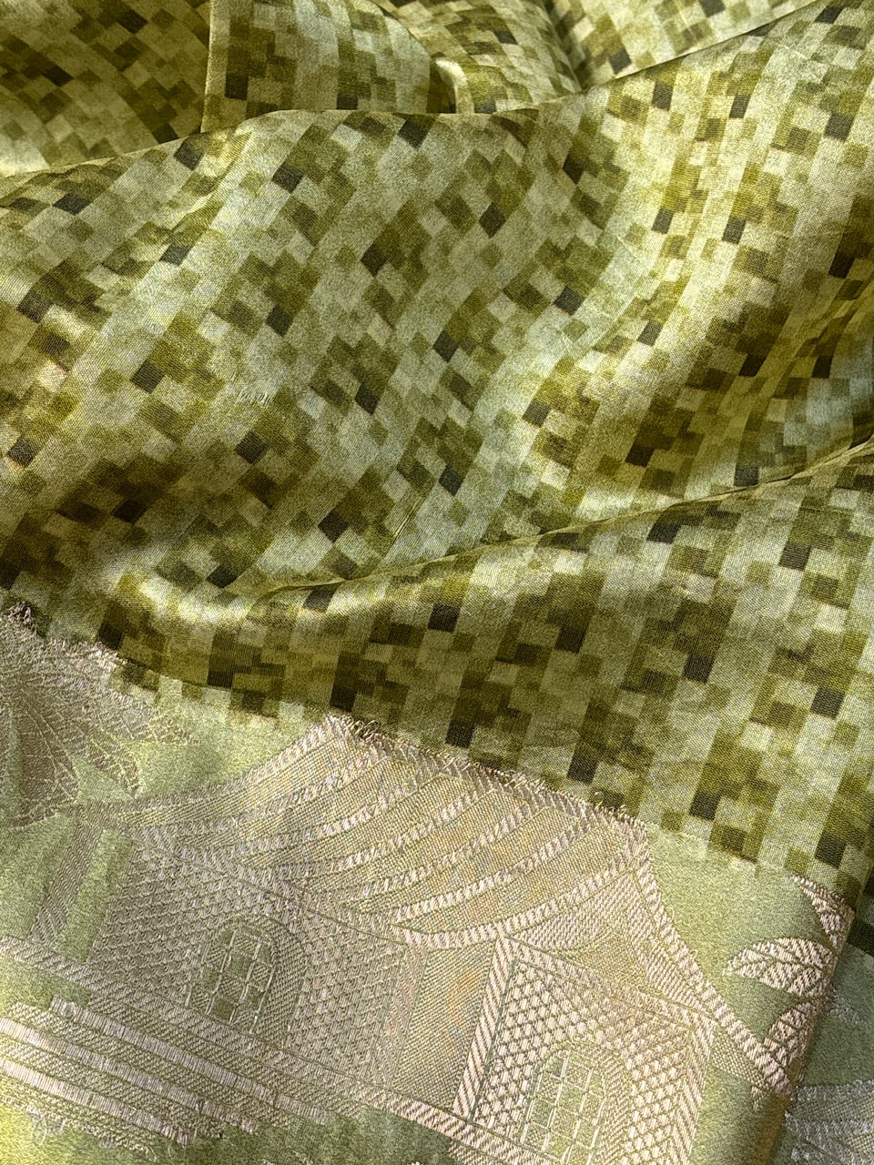 Green Check Printed Mango Katan Banarasi Silk Handwoven Saree
