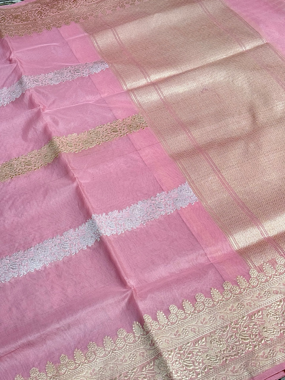 Rose Pink Banarasi Kora Silk Handwoven Saree