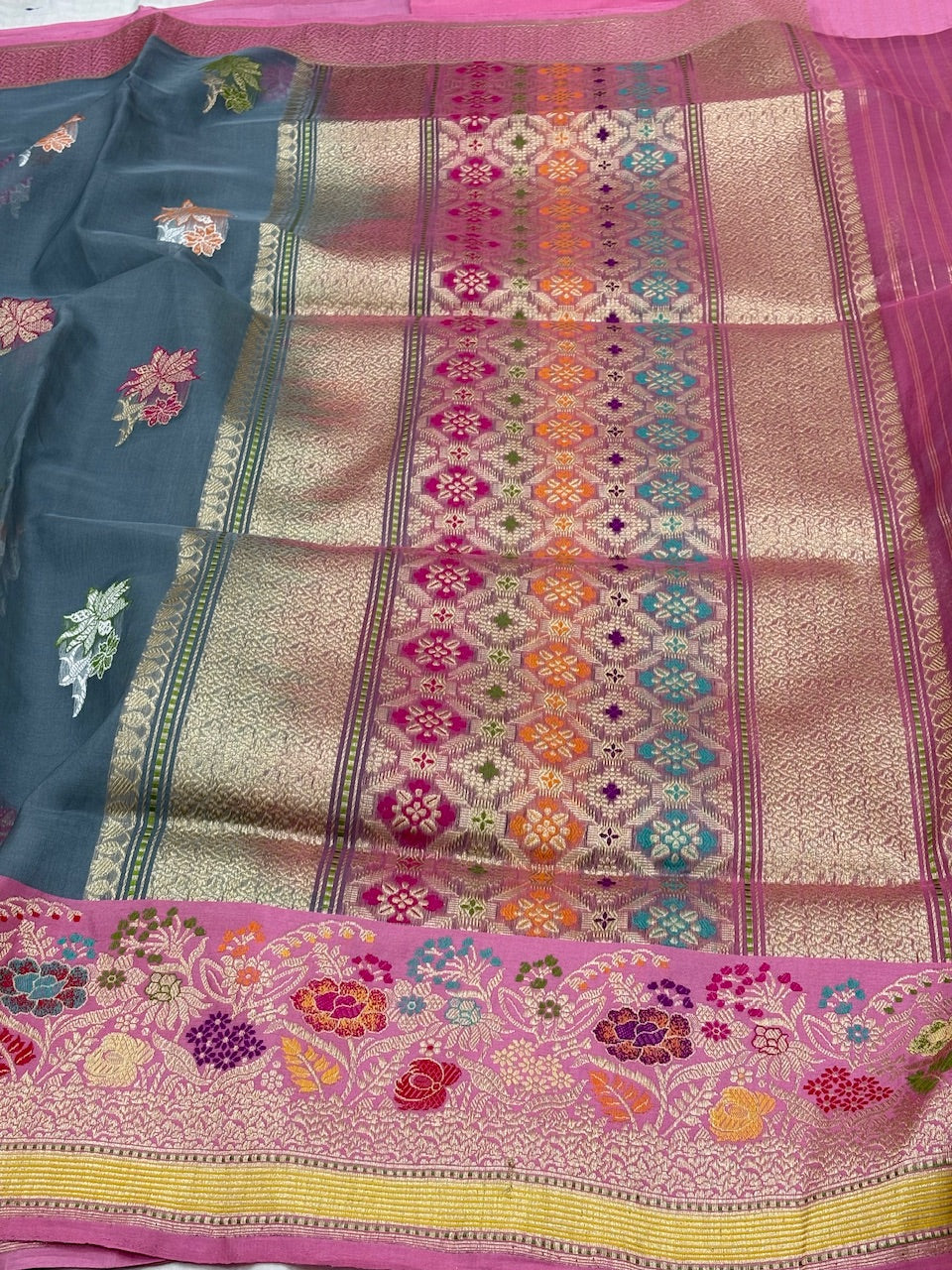 Ash Grey Banarasi Kora Silk Handwoven Saree
