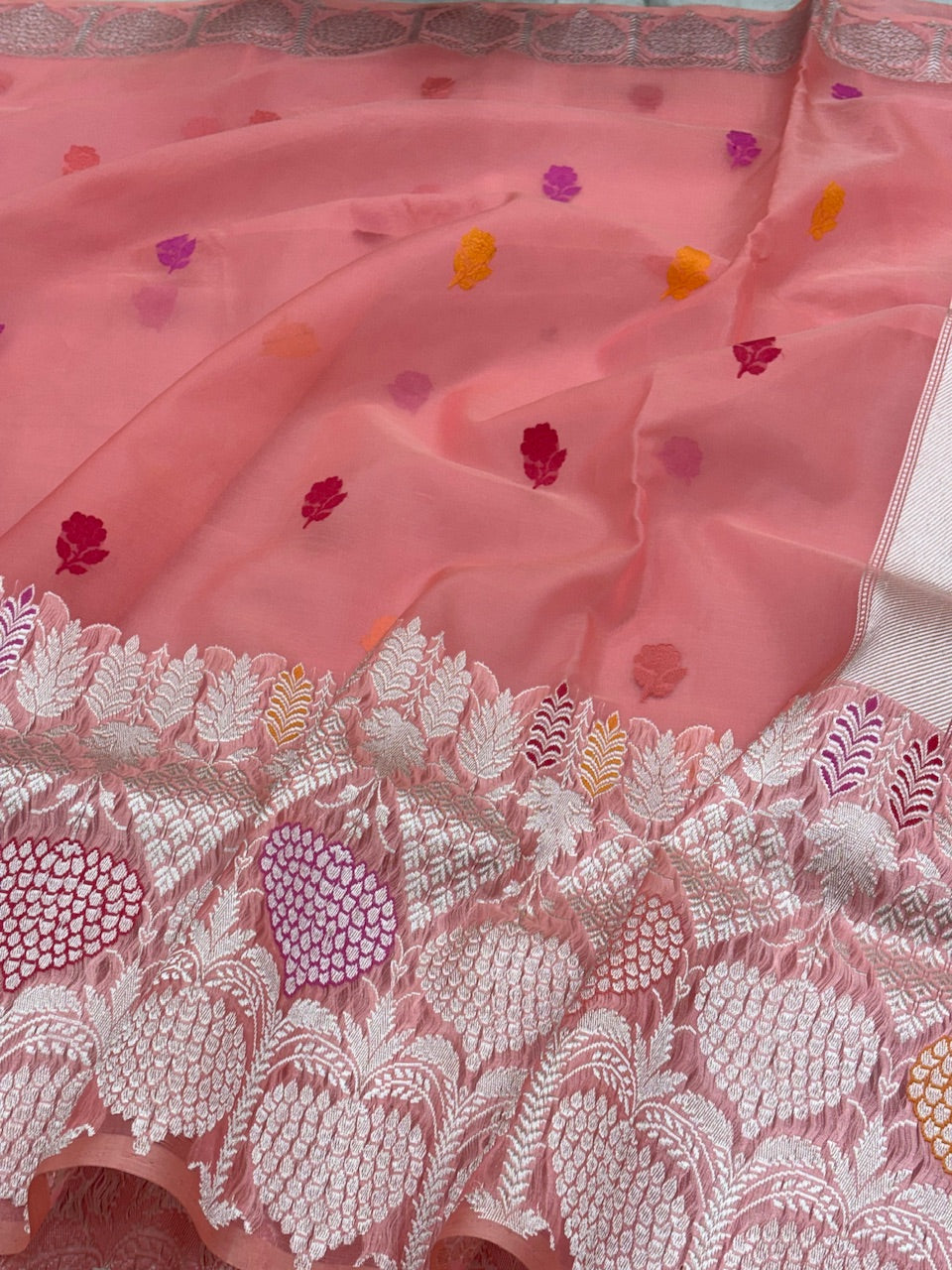 Peach Banarasi Kora Silk Handwoven Saree
