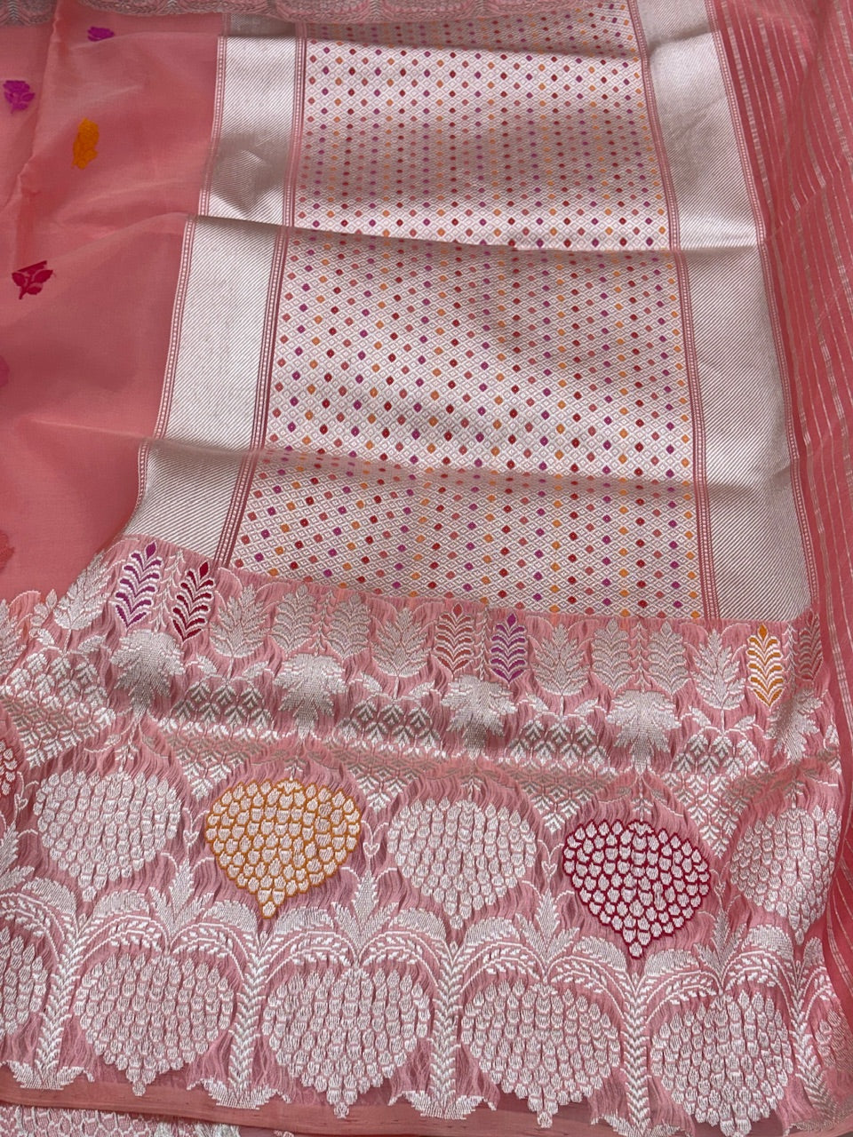 Peach Banarasi Kora Silk Handwoven Saree