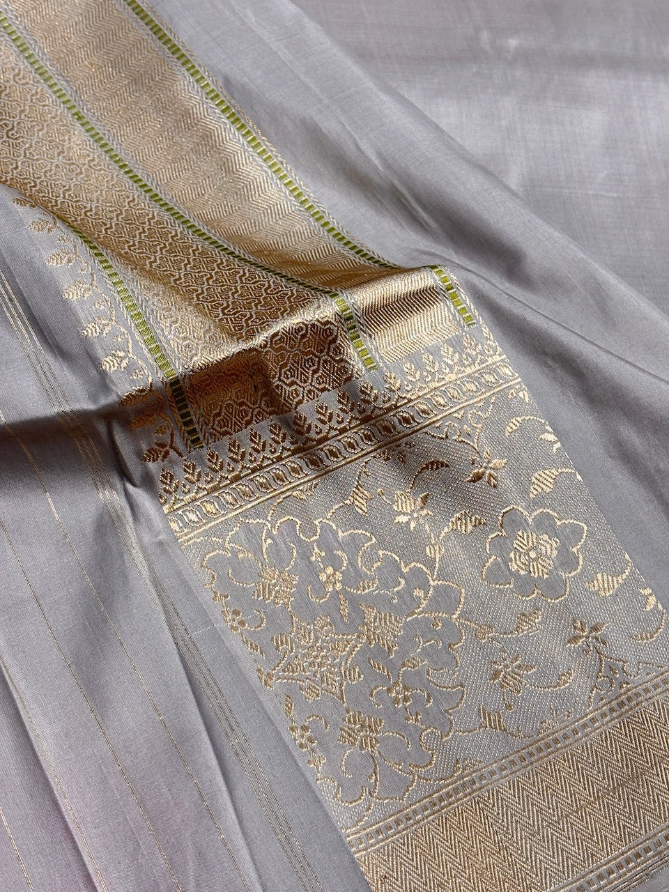 Silver Grey Pure Banarasi Katan Silk Handwoven Saree