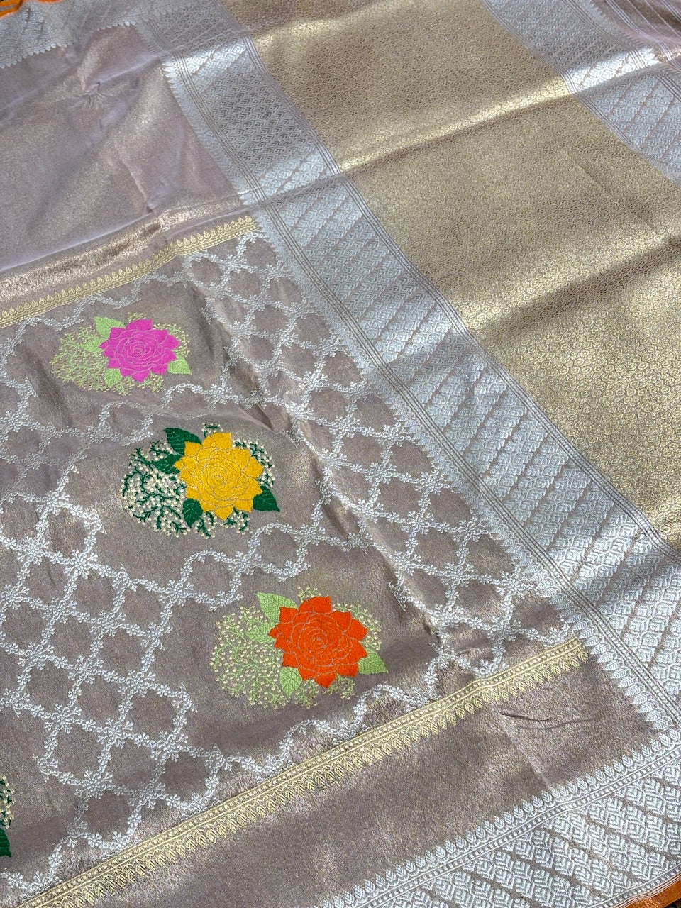 Champagne Beige Tissue Banarasi Silk Handwoven Saree