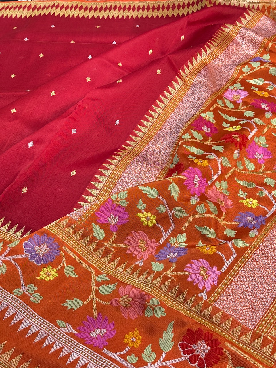 Red Banarasi Kora Silk Handwoven Saree