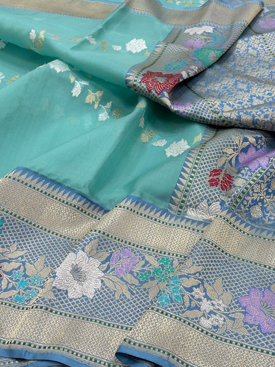 Sea Blue Banarasi Kora Silk Handwoven Saree