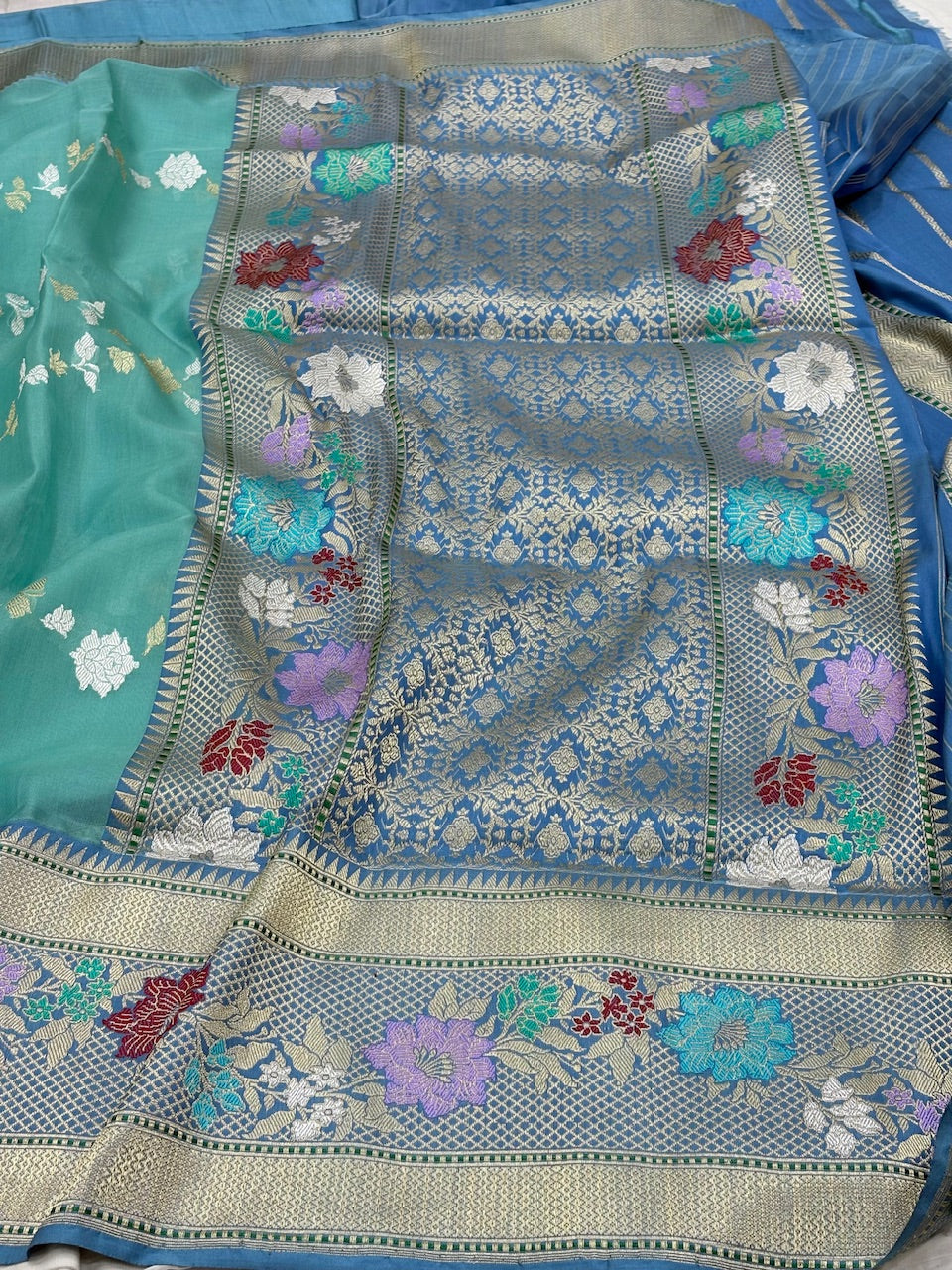 Sea Blue Banarasi Kora Silk Handwoven Saree