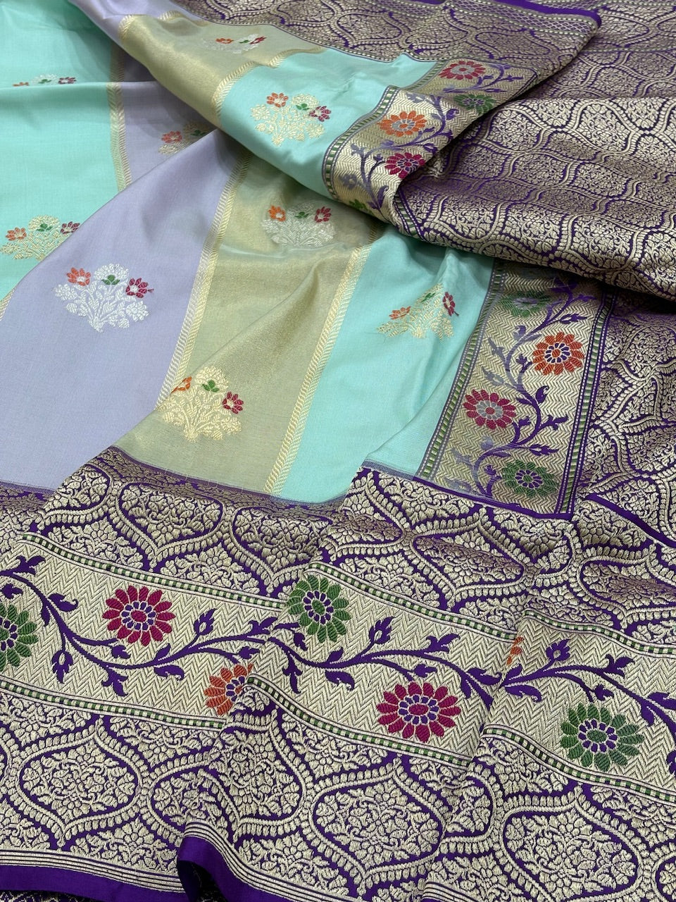 Sea Blue Banarasi Pure Katan Silk Rangkaat Handwoven Saree