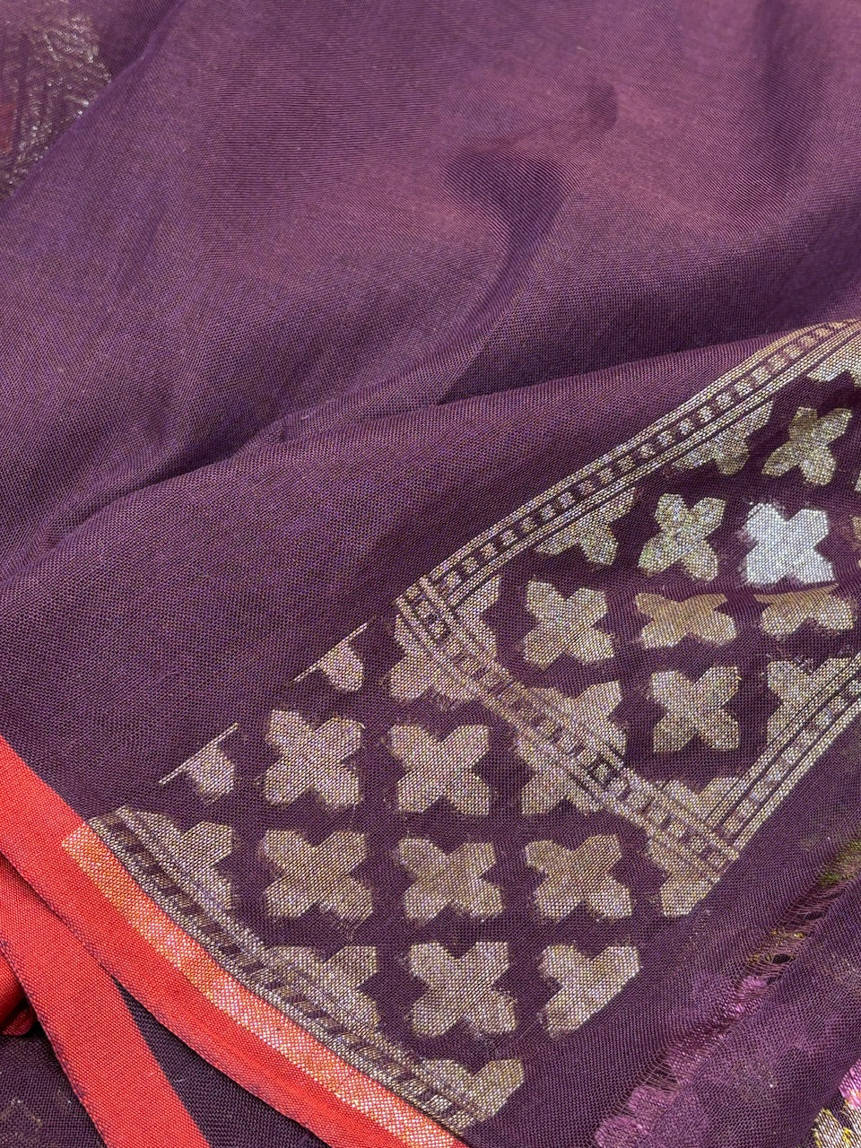 Deep Maroon Banarasi cotton Jamdani handloom Saree