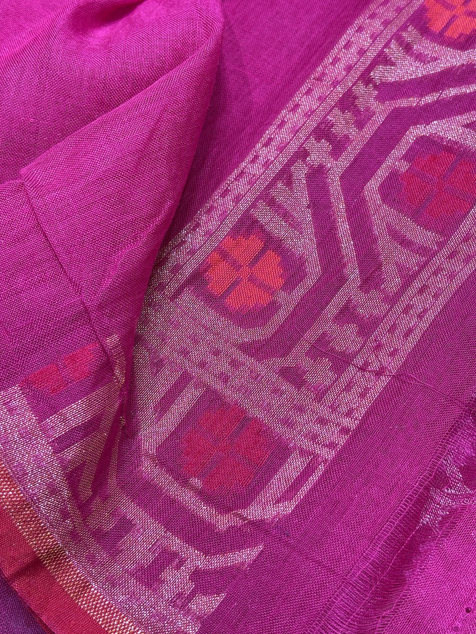 Hot Pink Banarasi cotton Jamdani handloom Saree