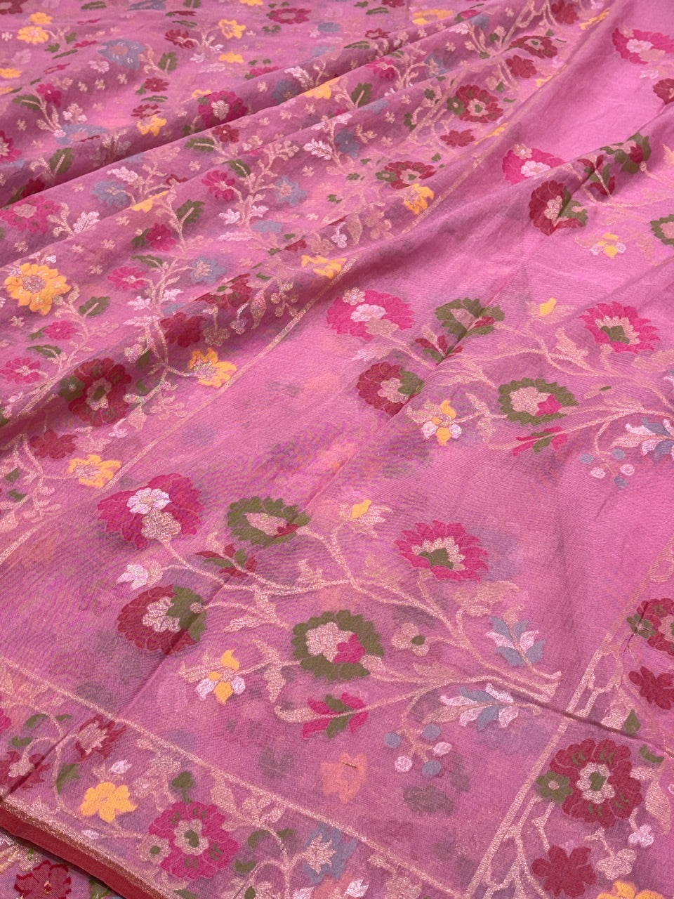 Pink Banarasi cotton Jamdani handloom Saree