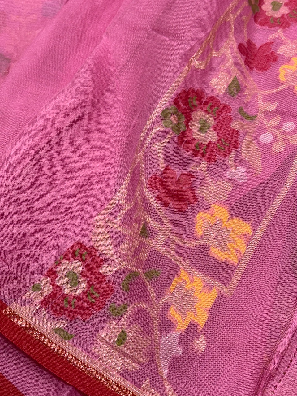Pink Banarasi cotton Jamdani handloom Saree