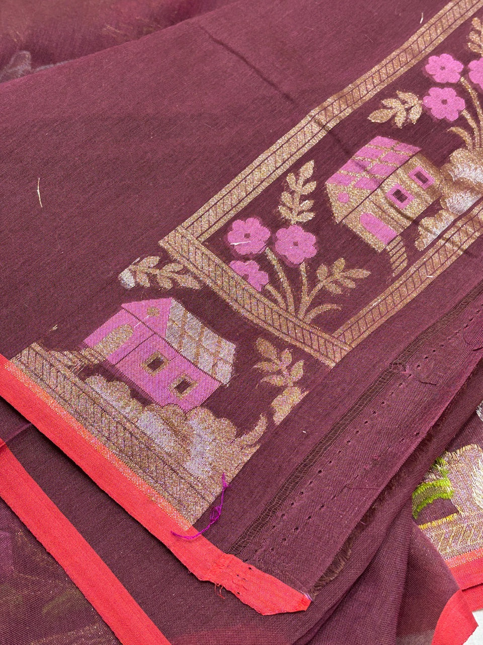 Maroon Brown Banarasi cotton Jamdani handloom Saree