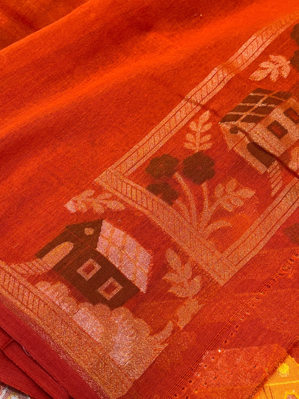 Vibrant Burnt Orange Banarasi cotton Jamdani handloom Saree