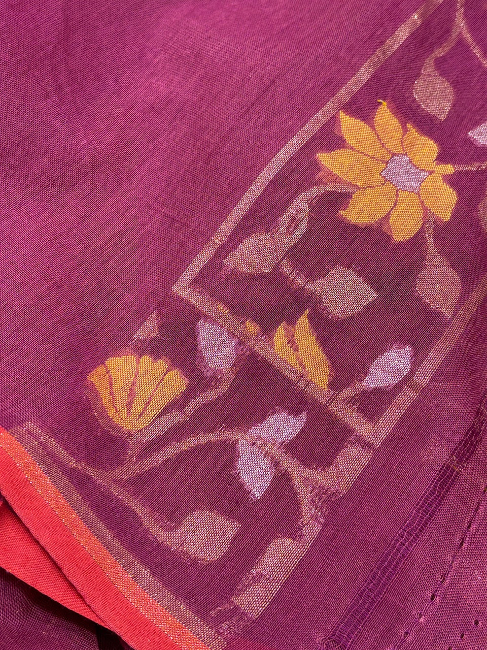 Deep Reddish-purple Banarasi cotton Jamdani handloom Saree