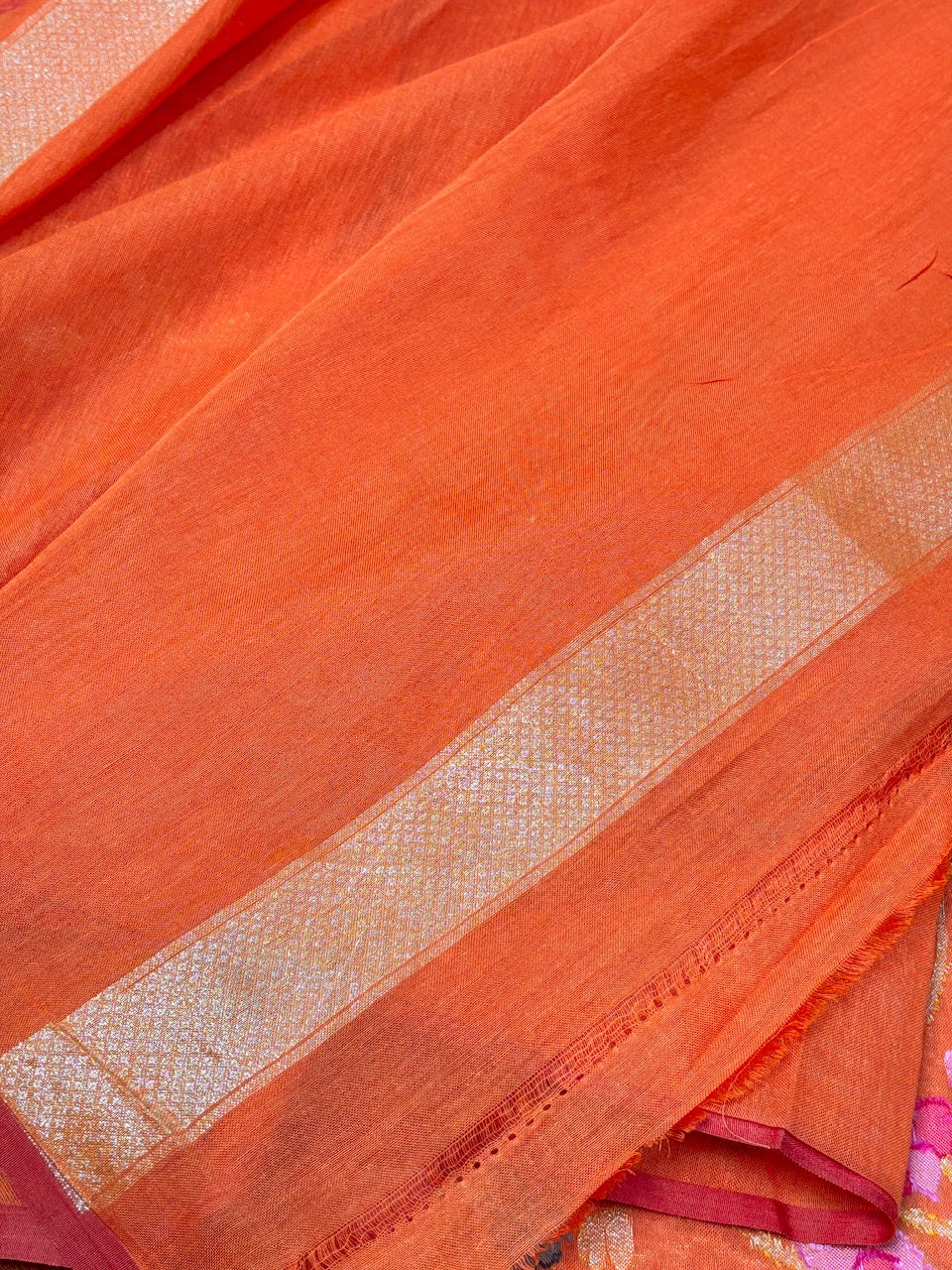 Vibrant Burnt Orange Banarasi cotton Jamdani handloom Saree