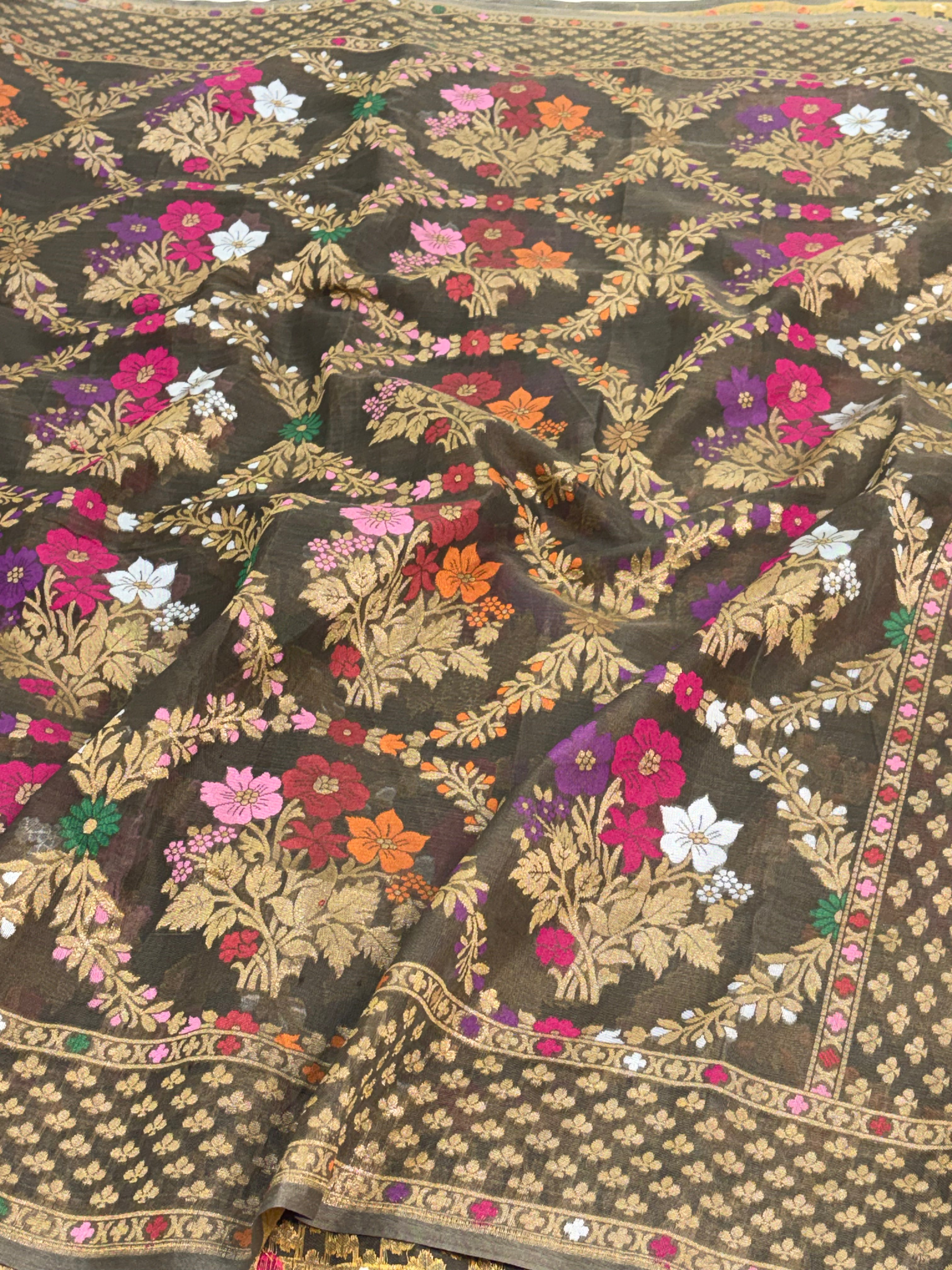 Mehendi Green Pure Kora Silk Ektara Jamdani Saree