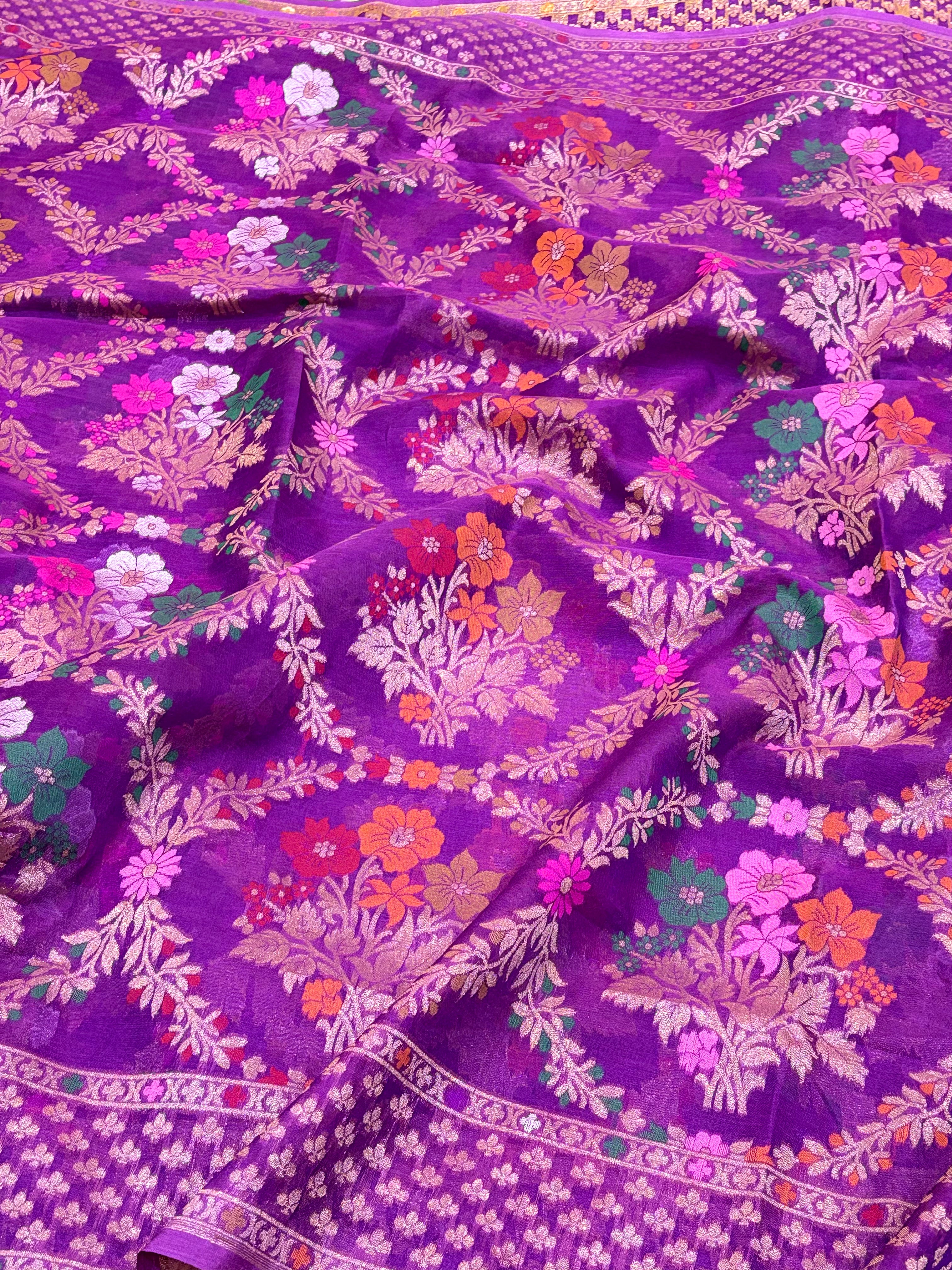 Vibrant Purple Pure Kora Silk Ektara Jamdani Saree