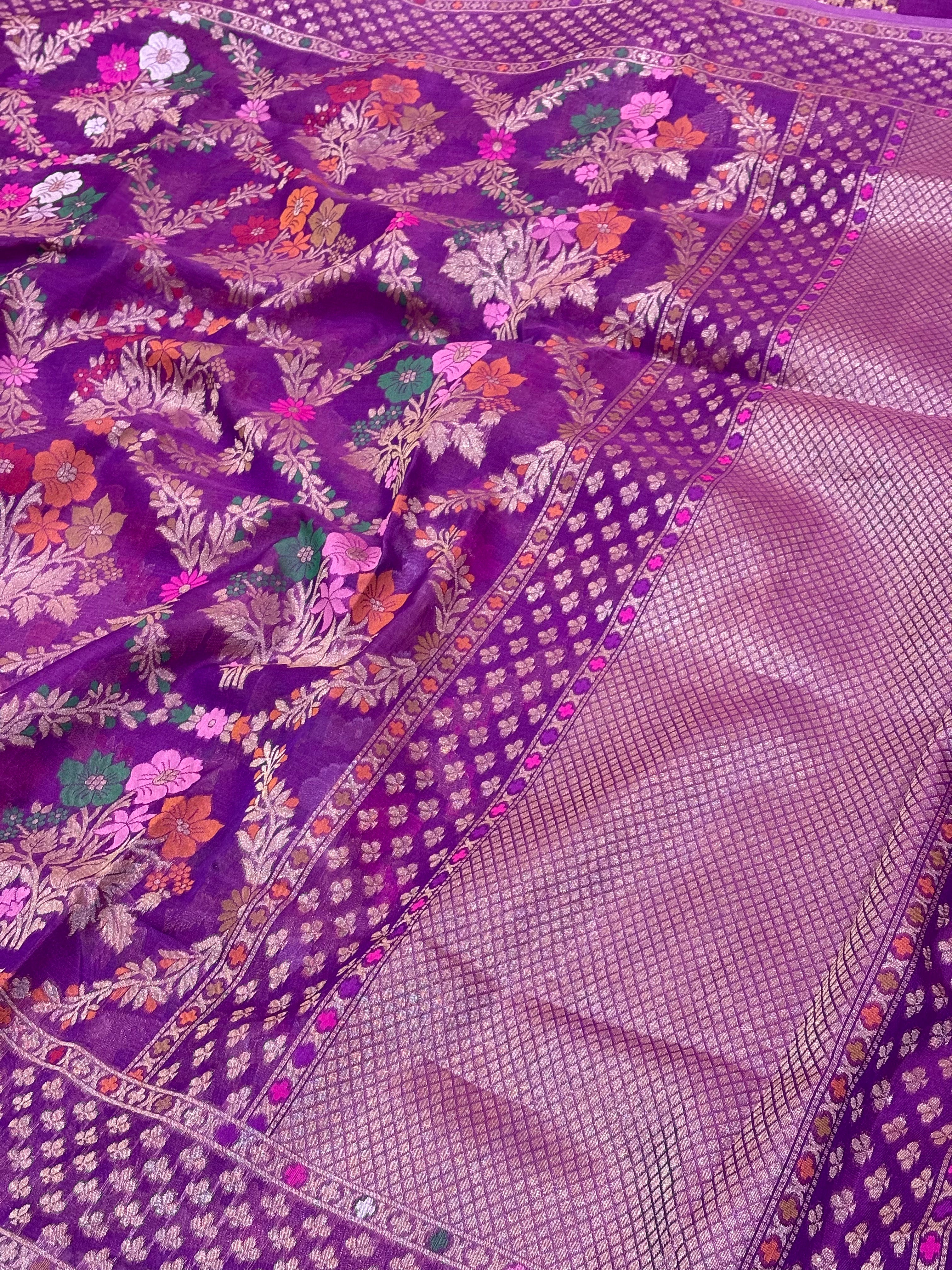 Vibrant Purple Pure Kora Silk Ektara Jamdani Saree