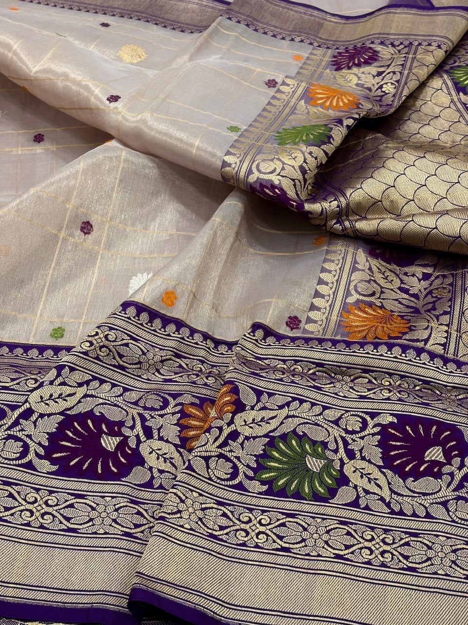 Goldish Levendar Banarasi Tissue Silk Handwoven Saree