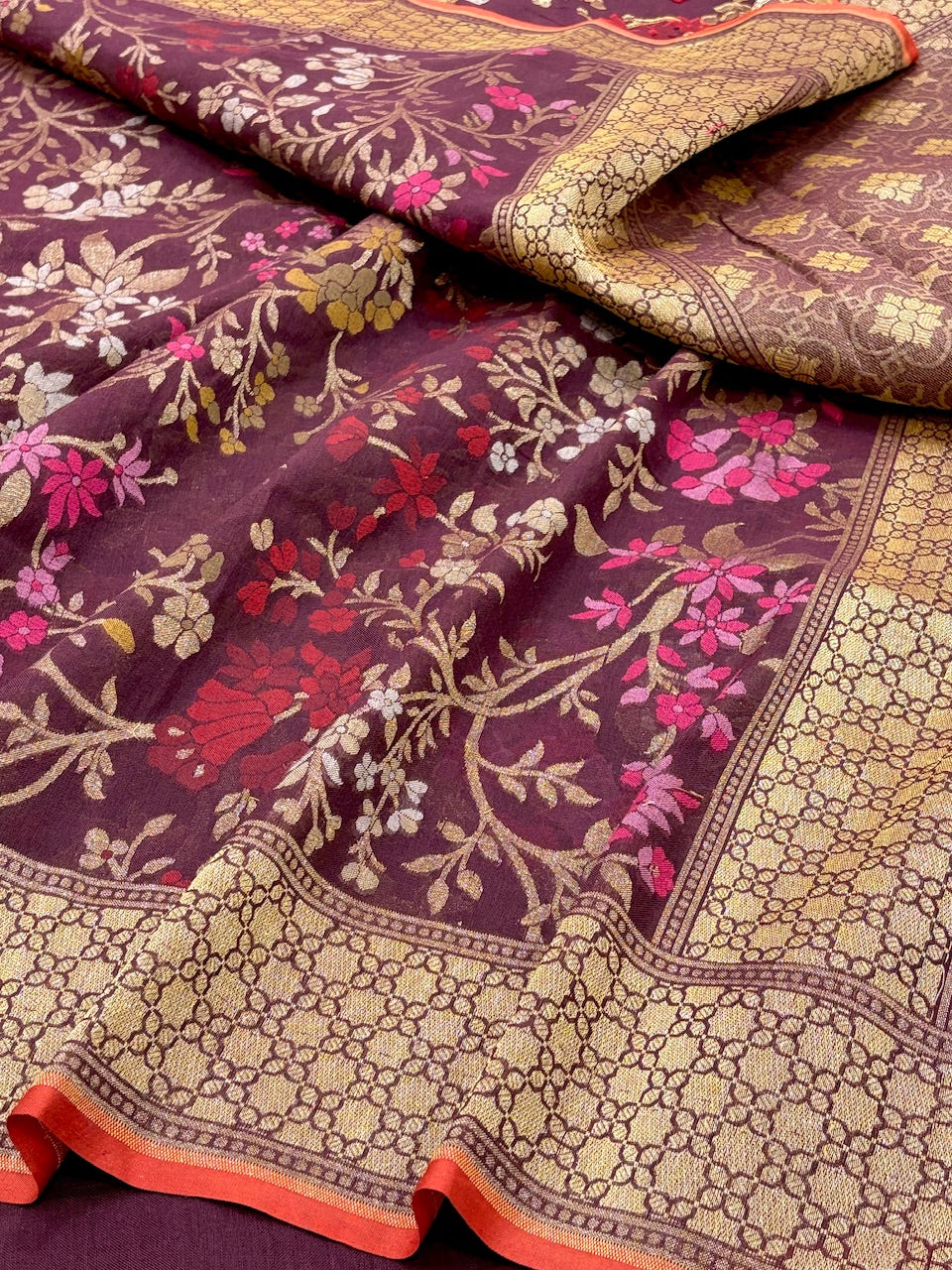 Coffee Brown Banarasi cotton Jamdani handloom Saree