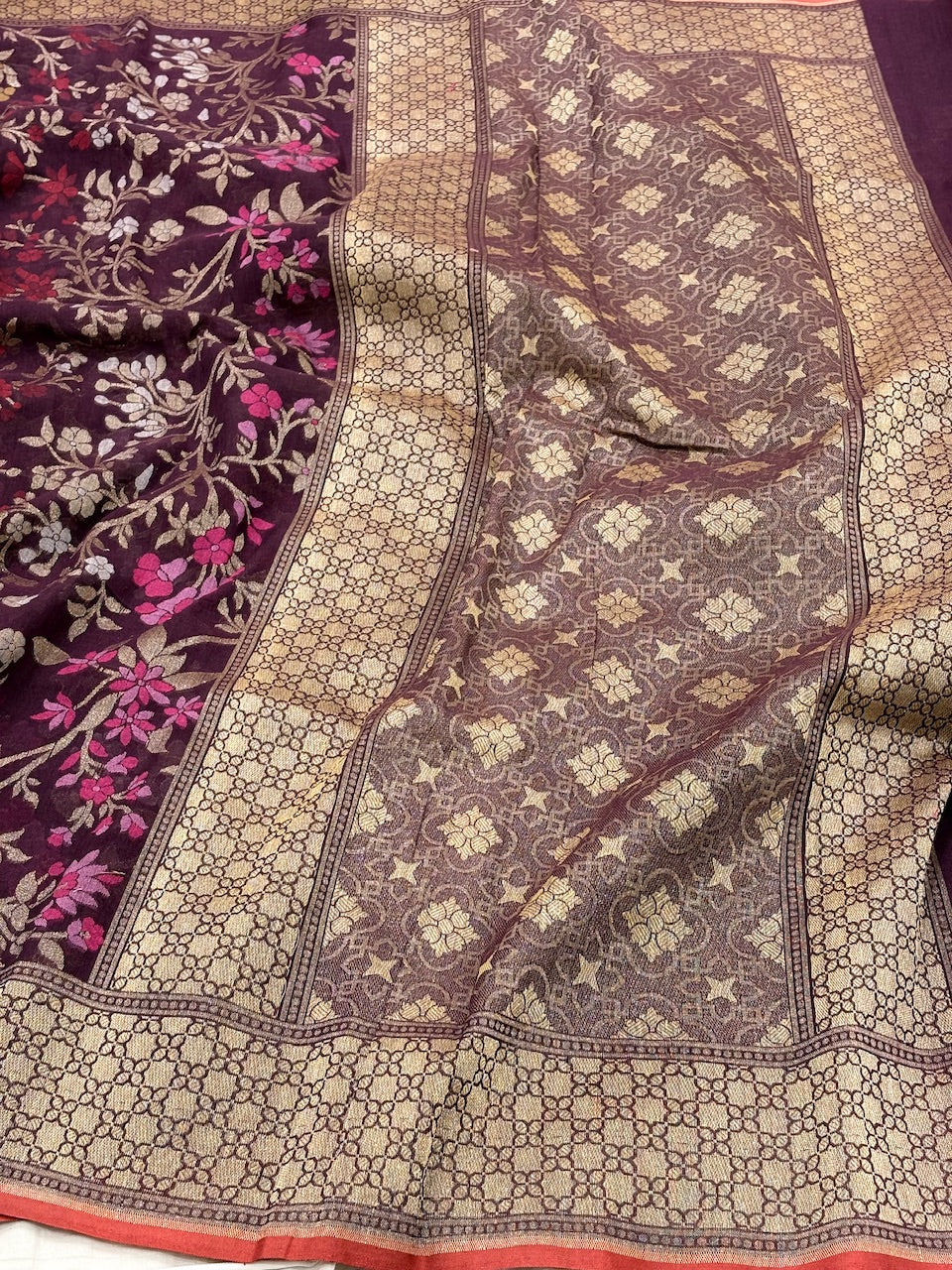 Coffee Brown Banarasi cotton Jamdani handloom Saree