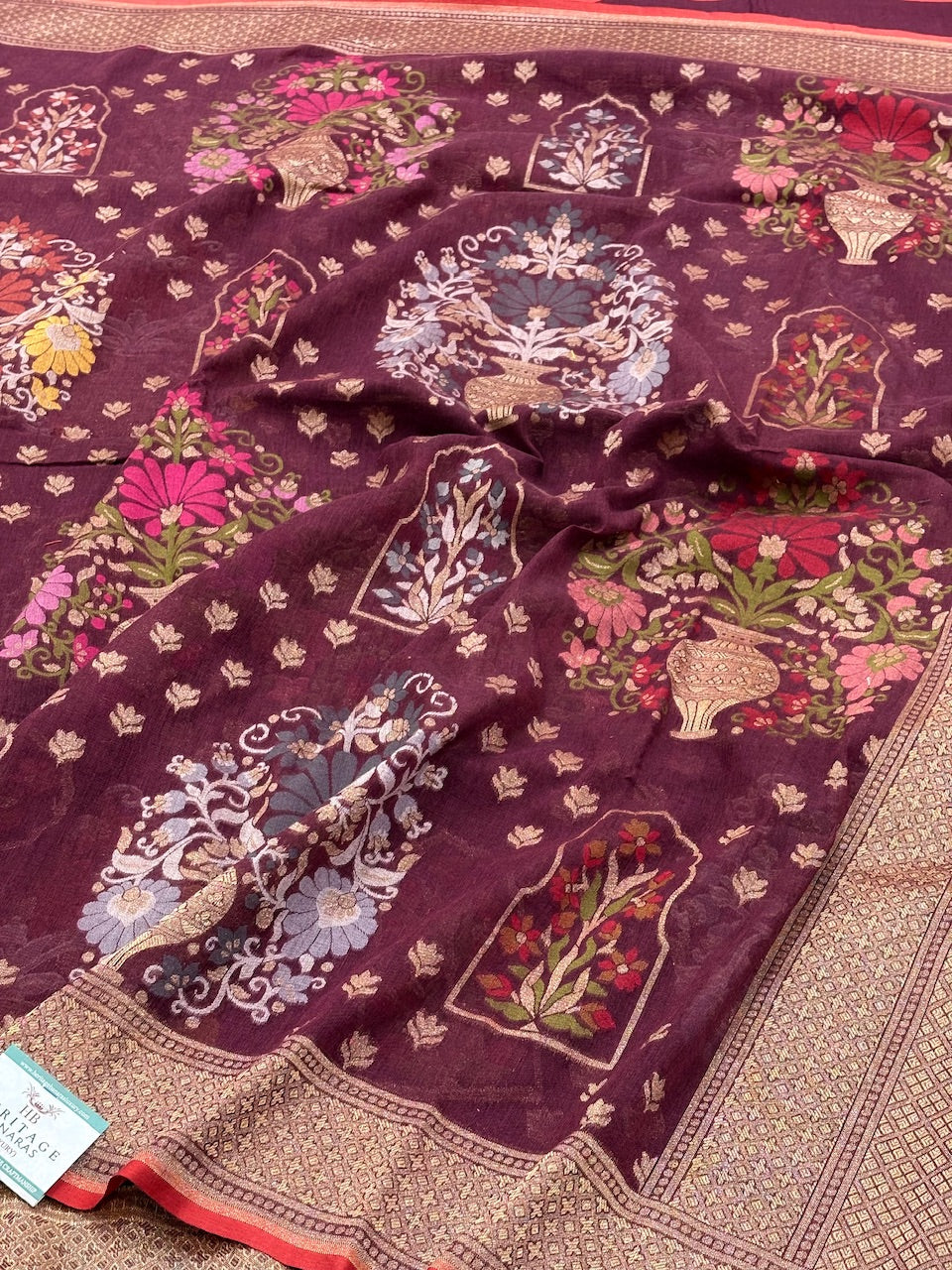 Brown Banarasi cotton Jamdani handloom Saree