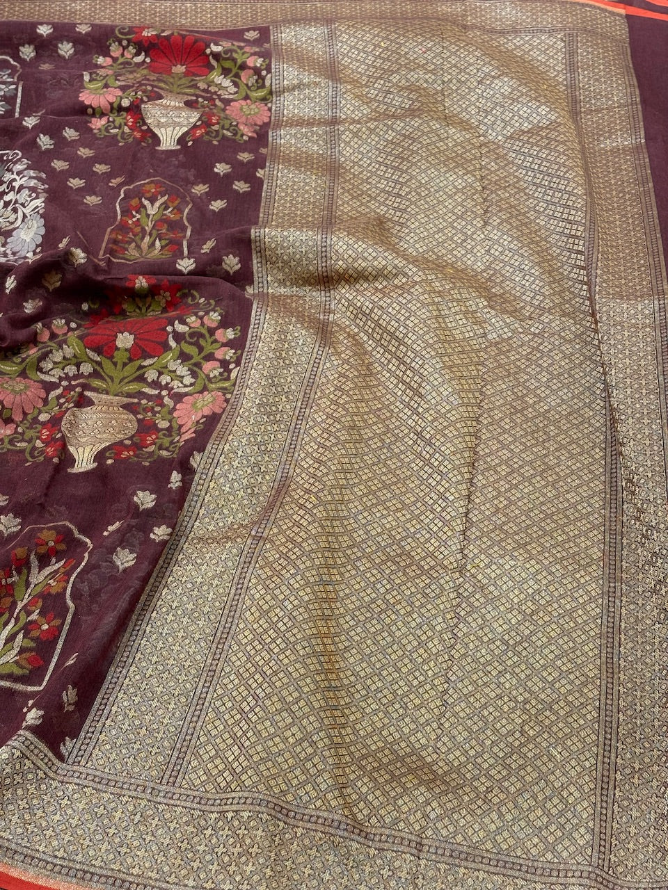 Brown Banarasi cotton Jamdani handloom Saree