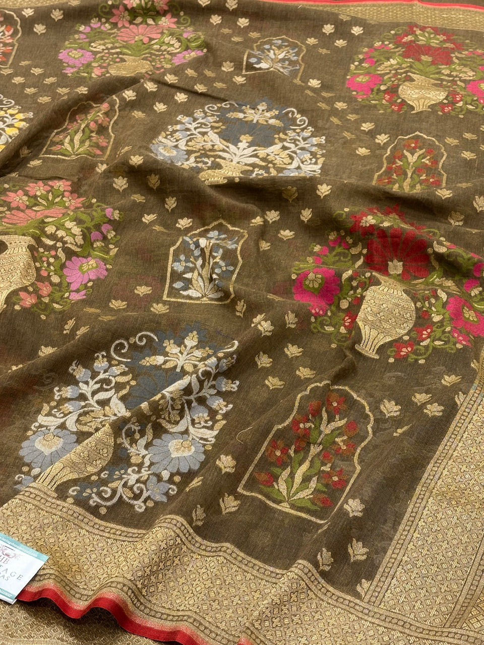 Mehndi Green Banarasi cotton Jamdani handloom Saree