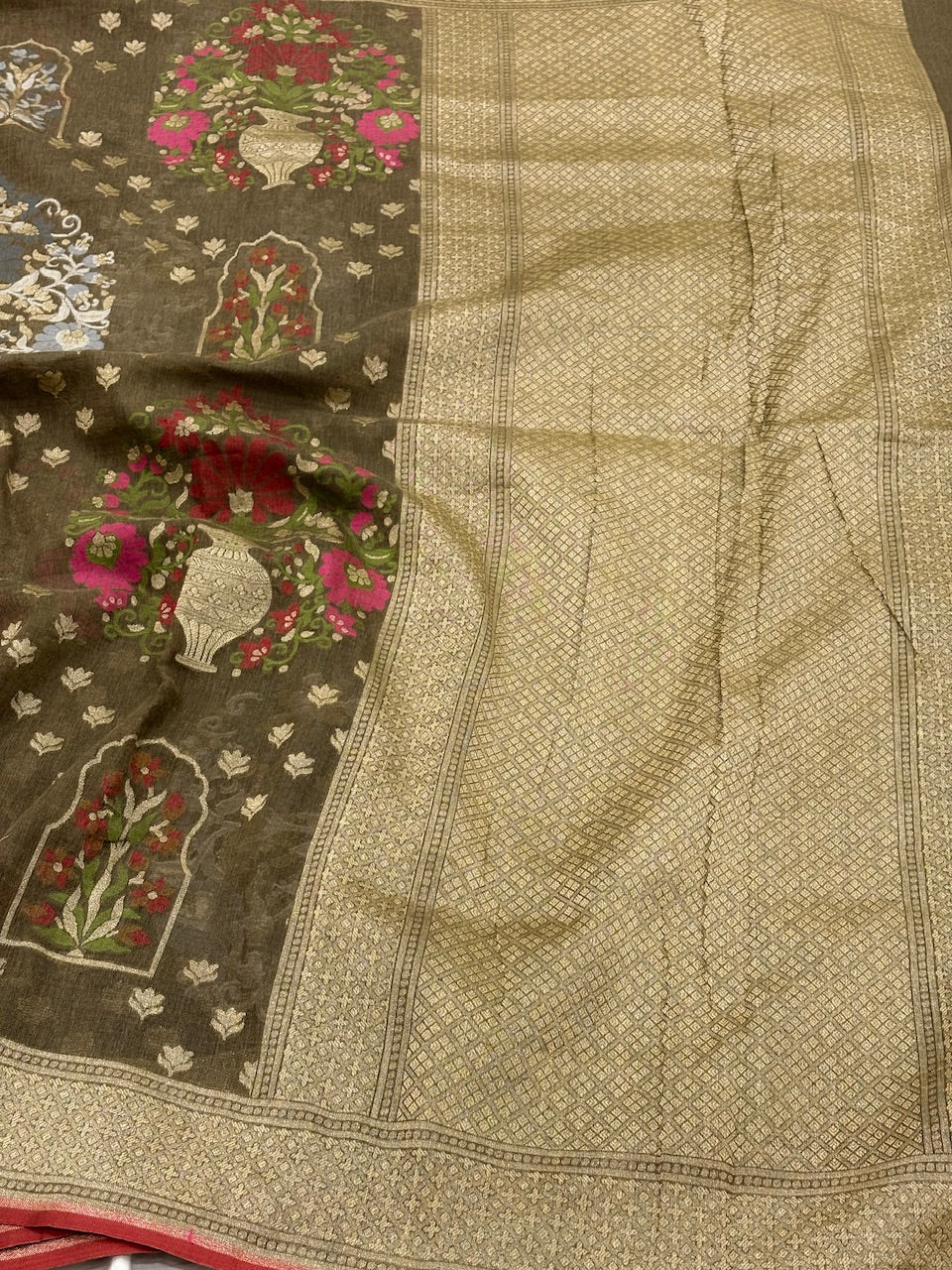 Mehndi Green Banarasi cotton Jamdani handloom Saree
