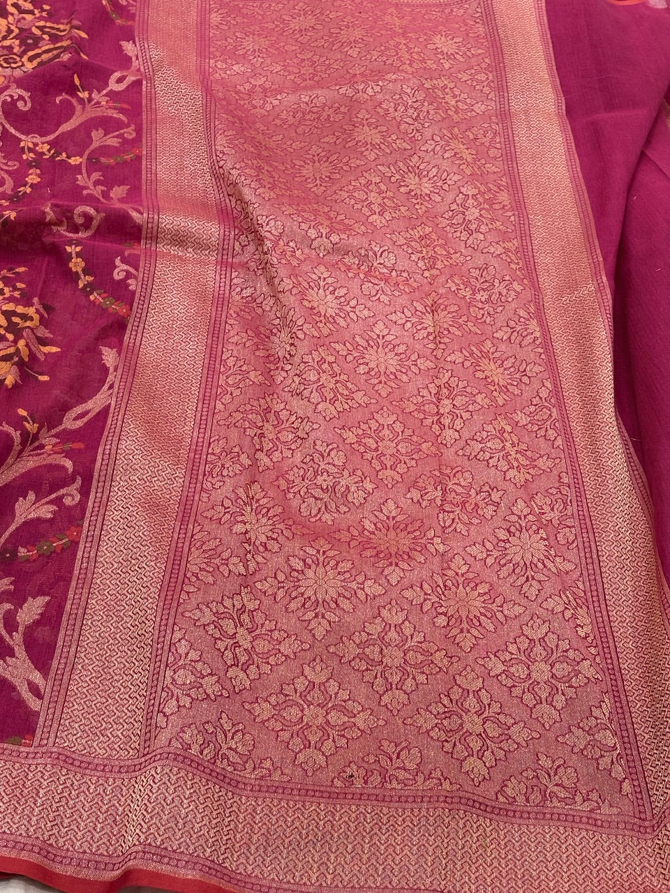 Pink Banarasi cotton Jamdani handloom Saree