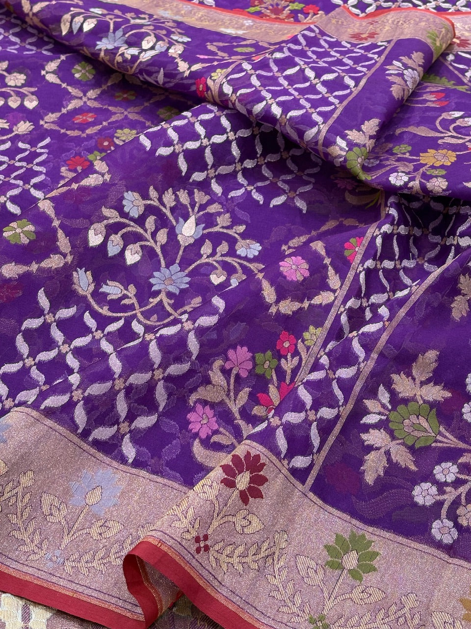 Purple Banarasi Kora Jamdani Silk Handwoven Saree