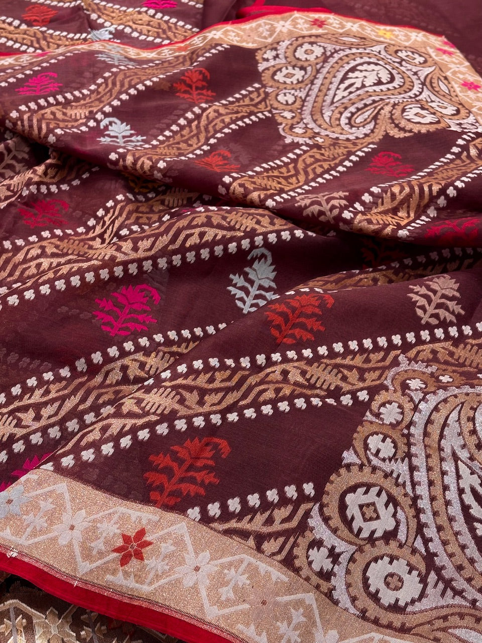 Brown Banarasi Kora Jamdani Silk Handwoven Saree
