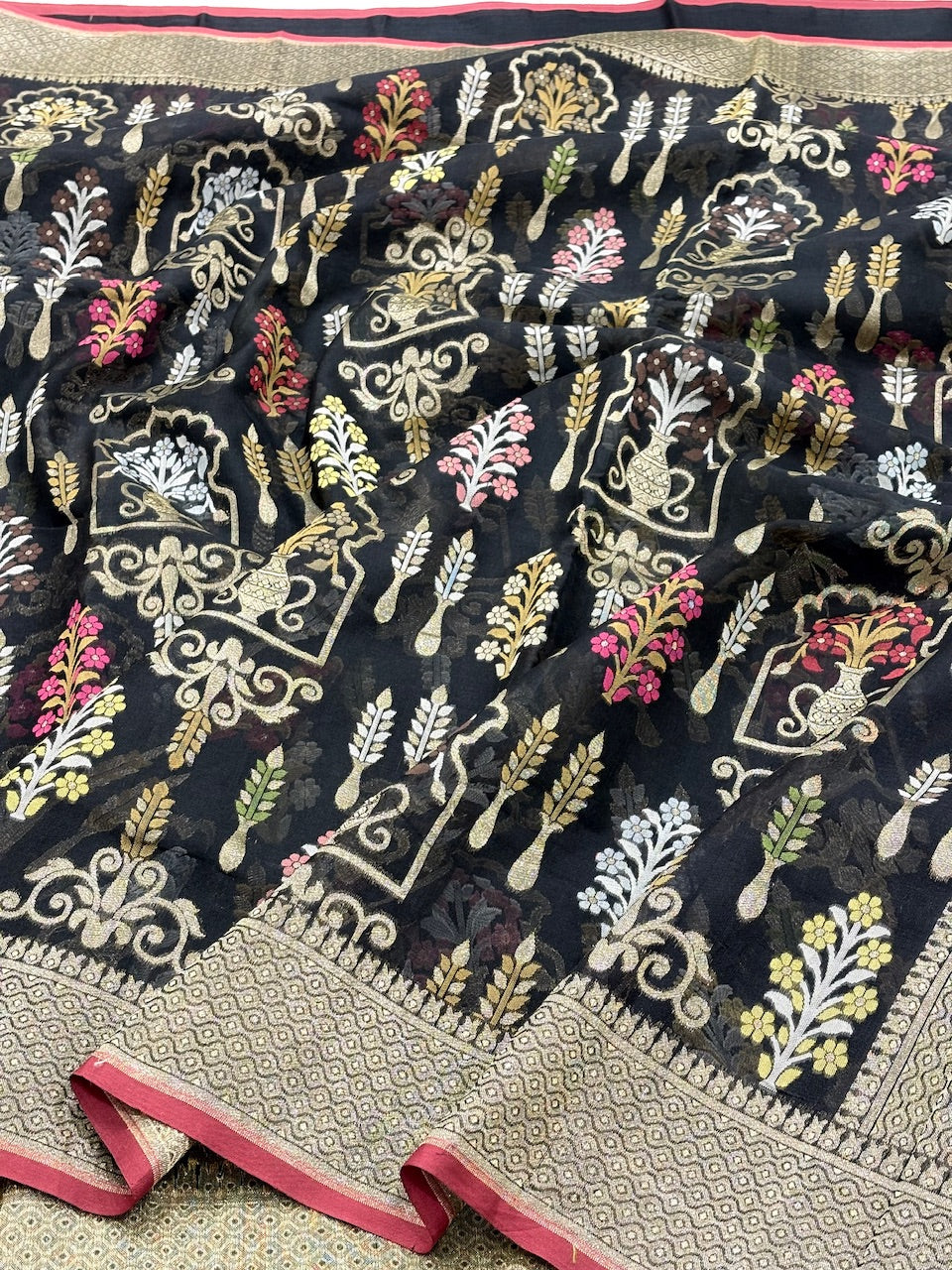 Black Banarasi Kora Jamdani Silk Handwoven Saree