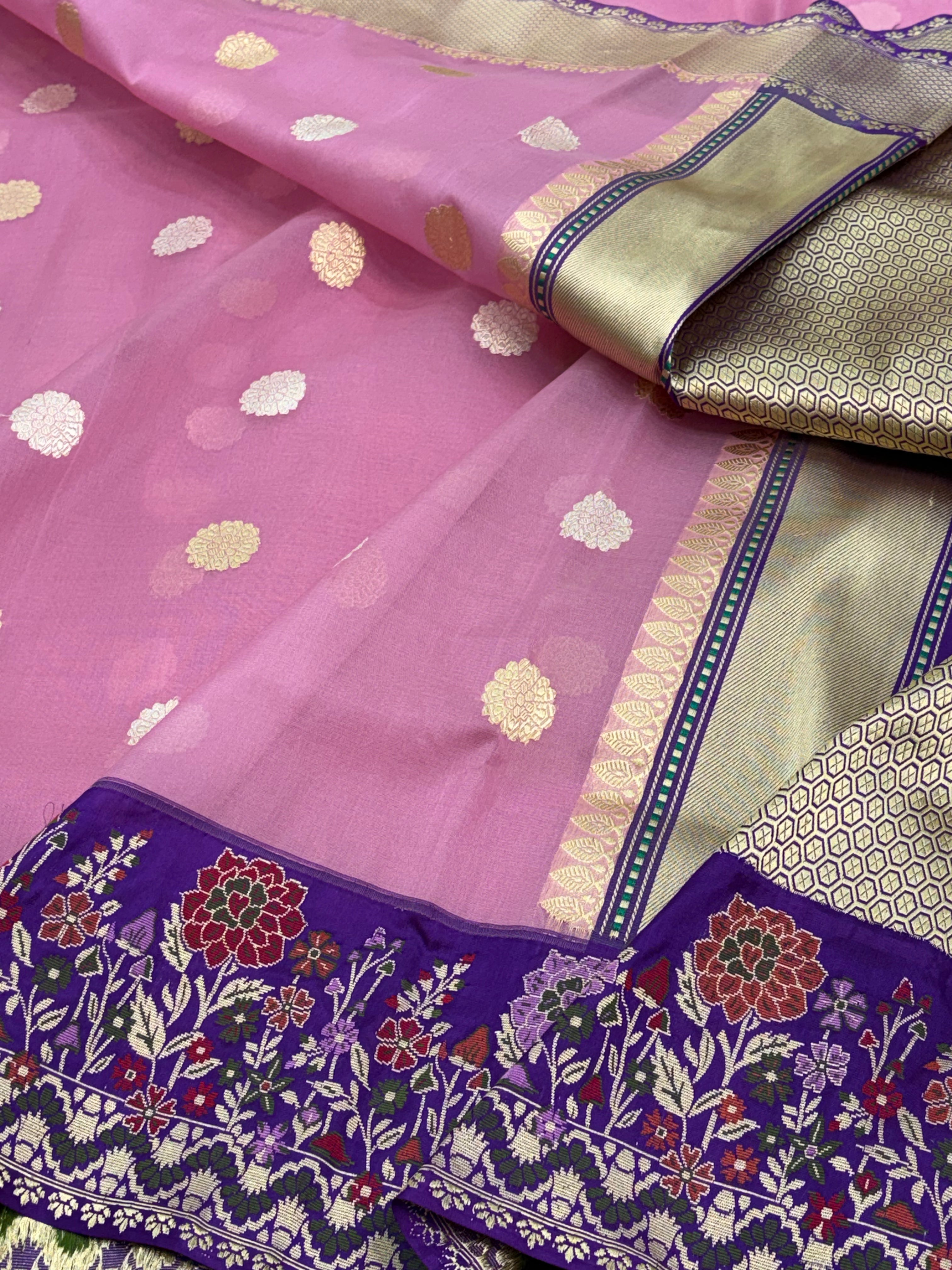 Soft Pink Pure Kora Kadhiyal Banarasi Saree with Purple Minakari Border