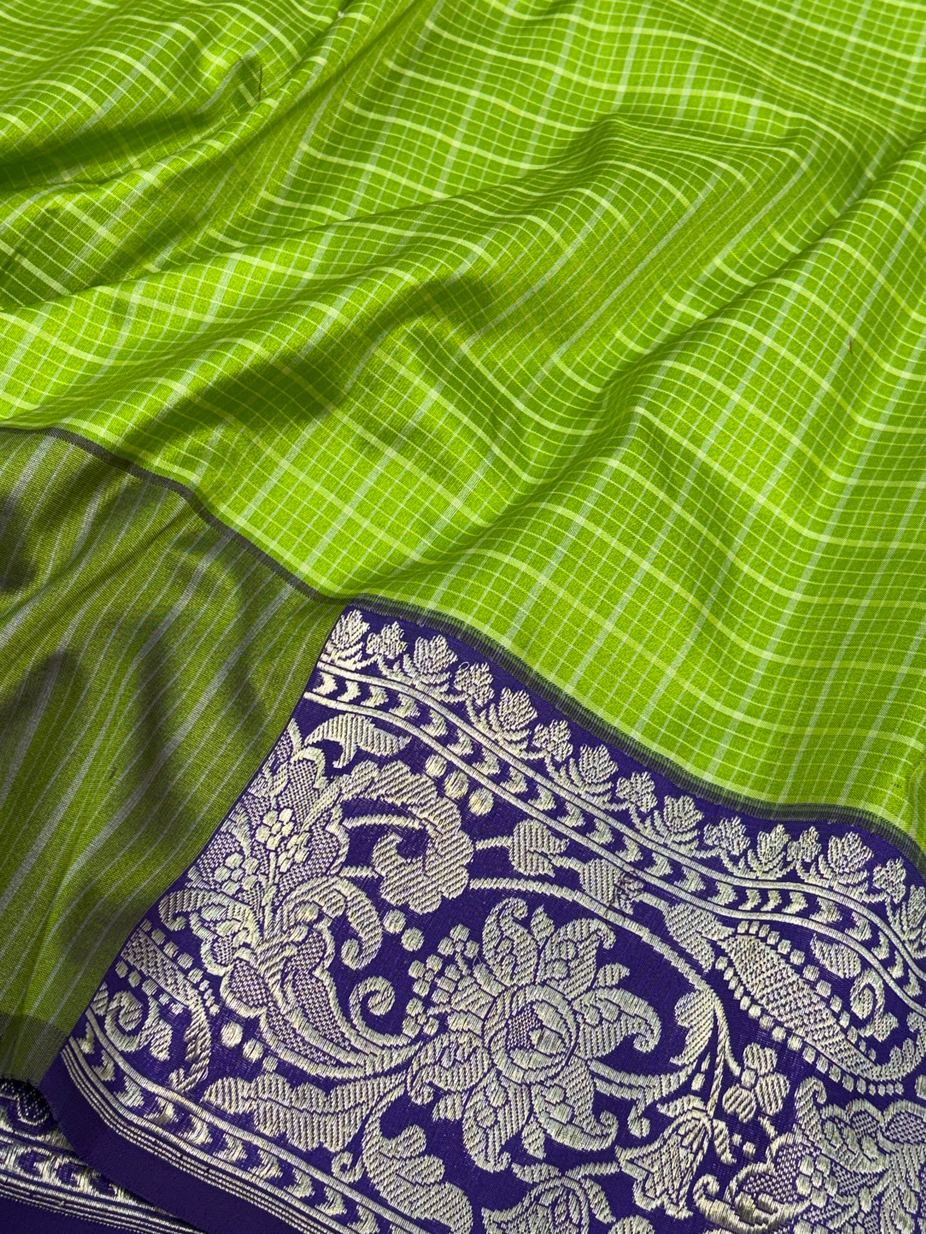 Lime Green Pure Katan Silk Kadhiyal Saree