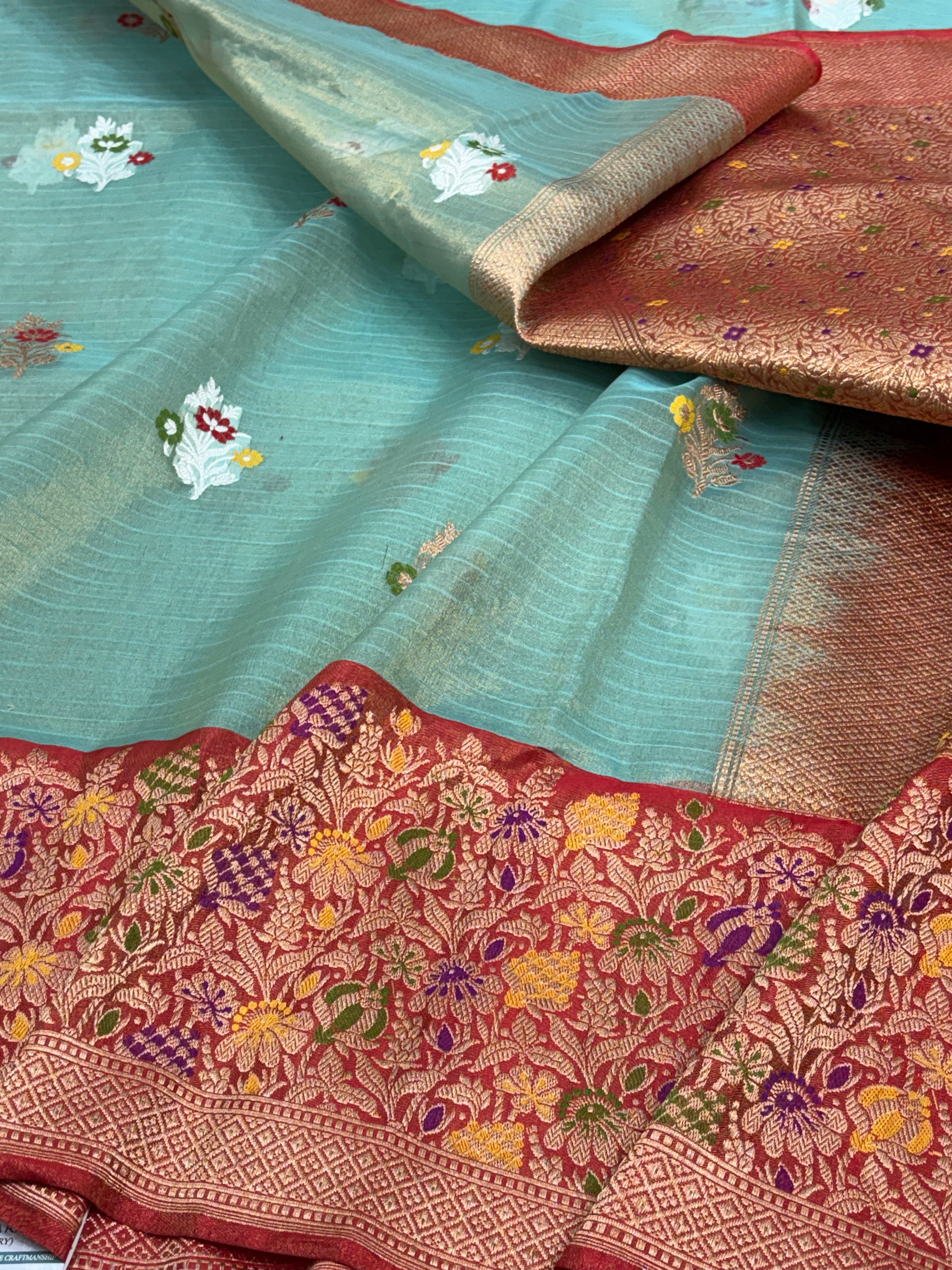 Teal Blue Tissue Banarasi Saree with Red Minakari Boder