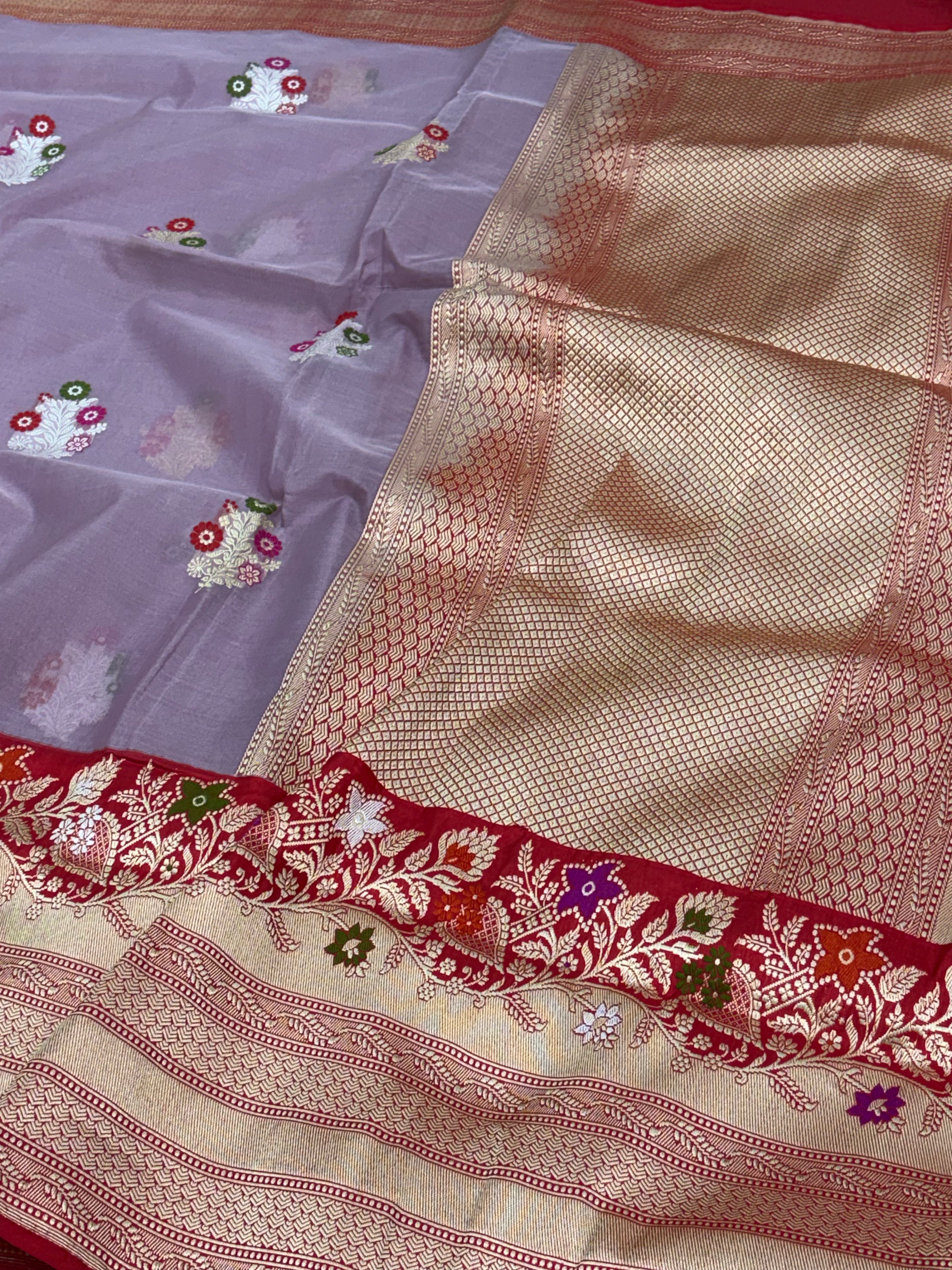 Mauve Pure Kora Banarasi Handwoven Saree with Multicolour Meenakari Buta