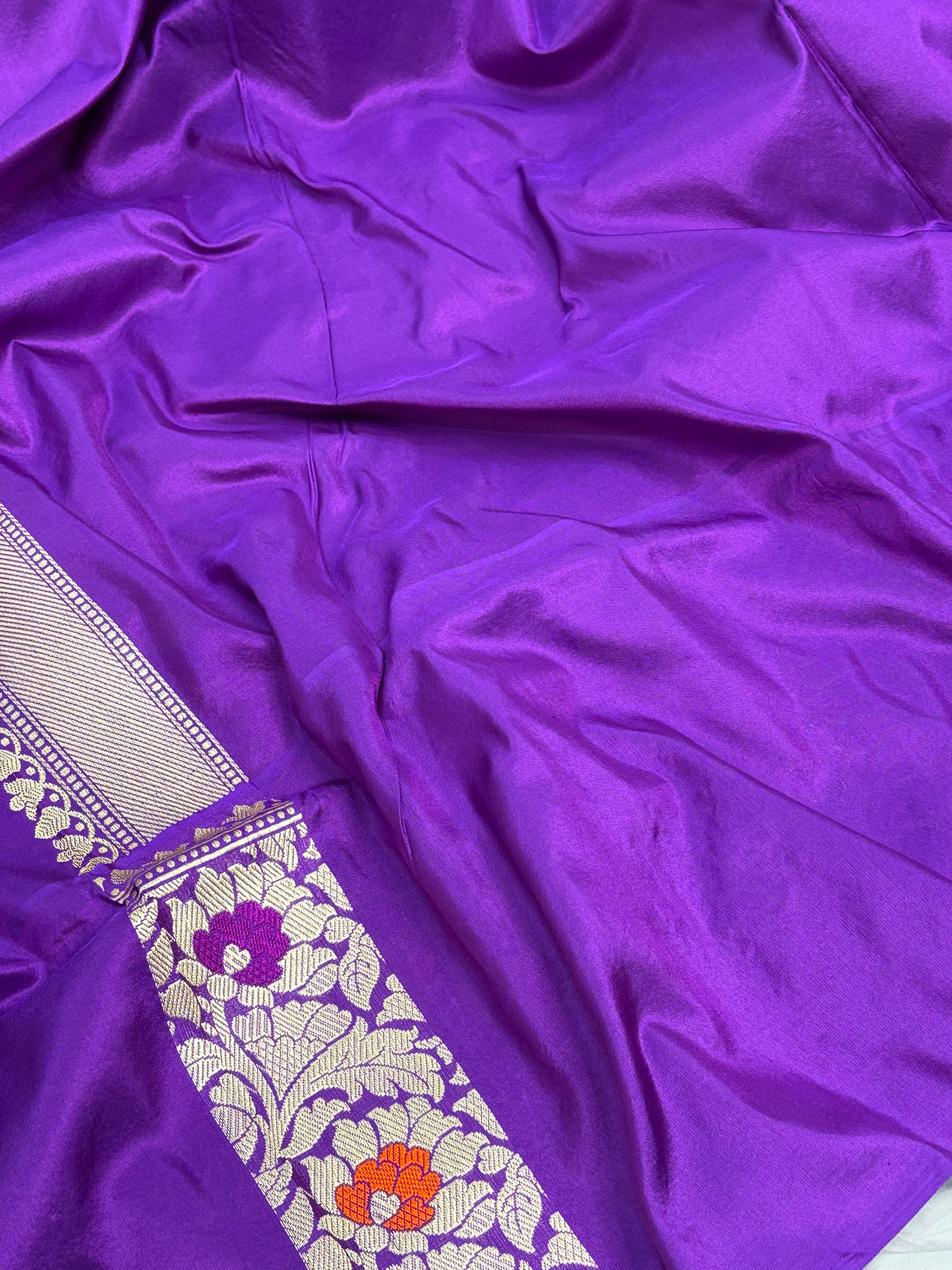 Beige Tissue Handwoven Banarasi Saree with Purple Katan Silk with Meenakari Border